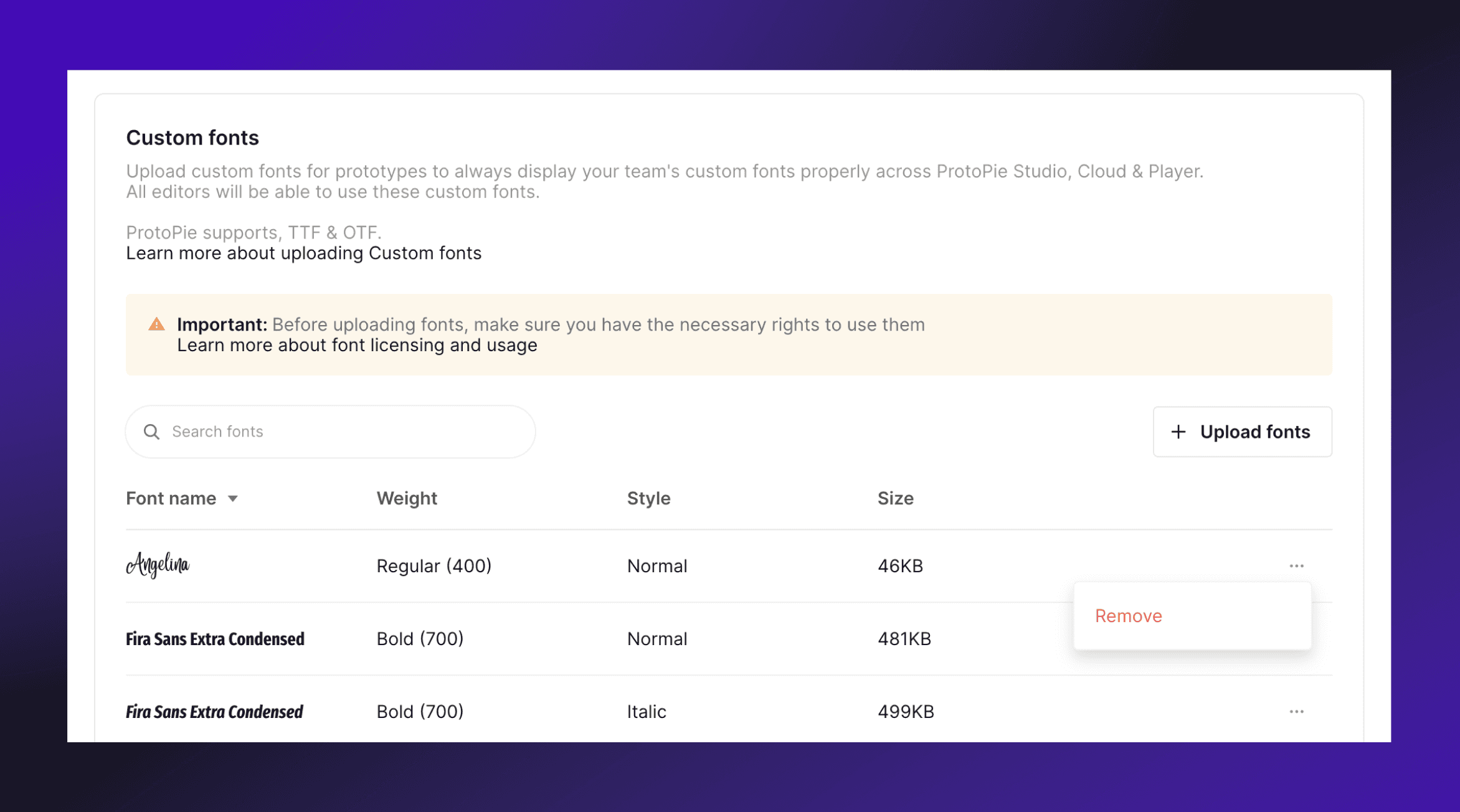 Enterprise service admin removing custom fonts on ProtoPie Cloud