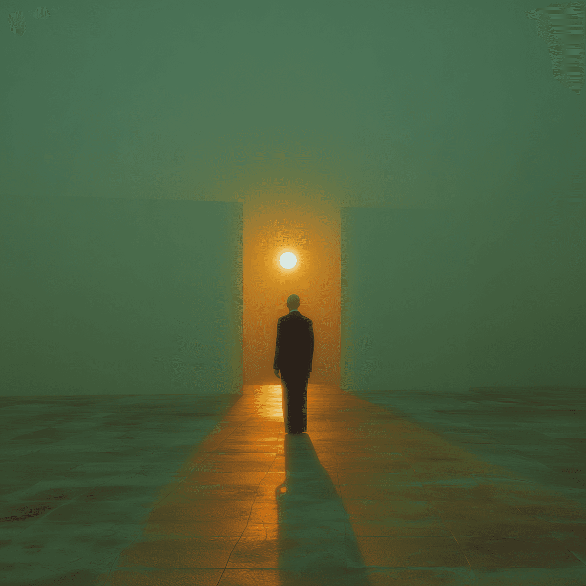 A lone figure in a dark suit stands before a glowing orange light in a surreal green-hued space, evoking a dreamlike atmosphere.