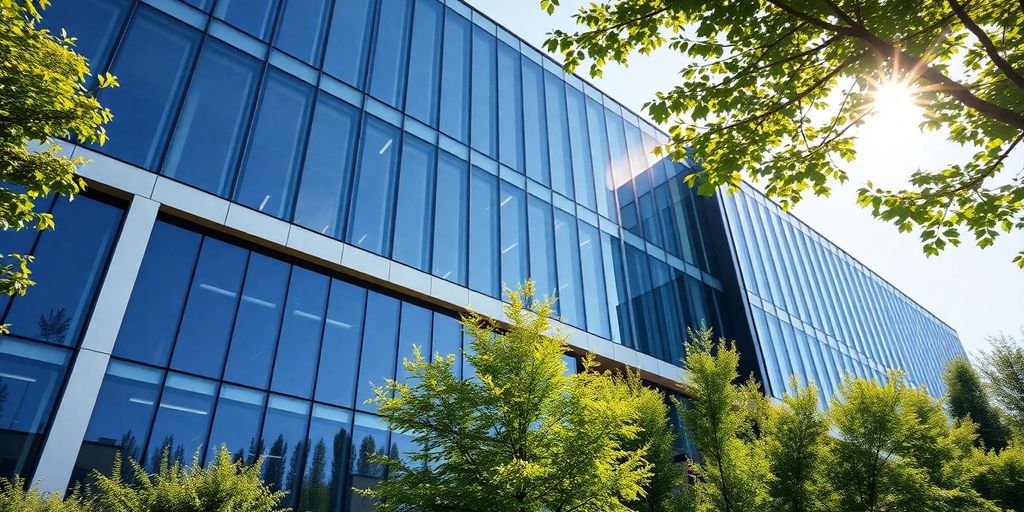 Modern office building with greenery and bright sunlight.