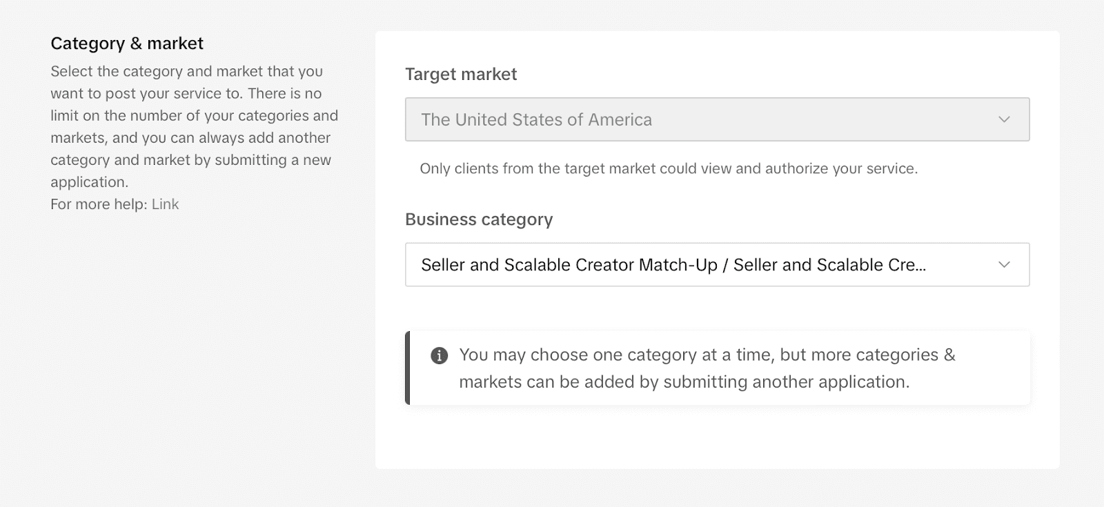 Screenshot of a configuration screen for selecting a "Target Market" and "Business Category" for an online service