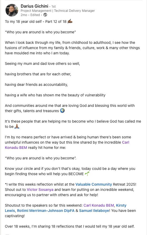 Screenshot of a LinkedIn post describing a participant’s positive experience at The Valuable Retreat.