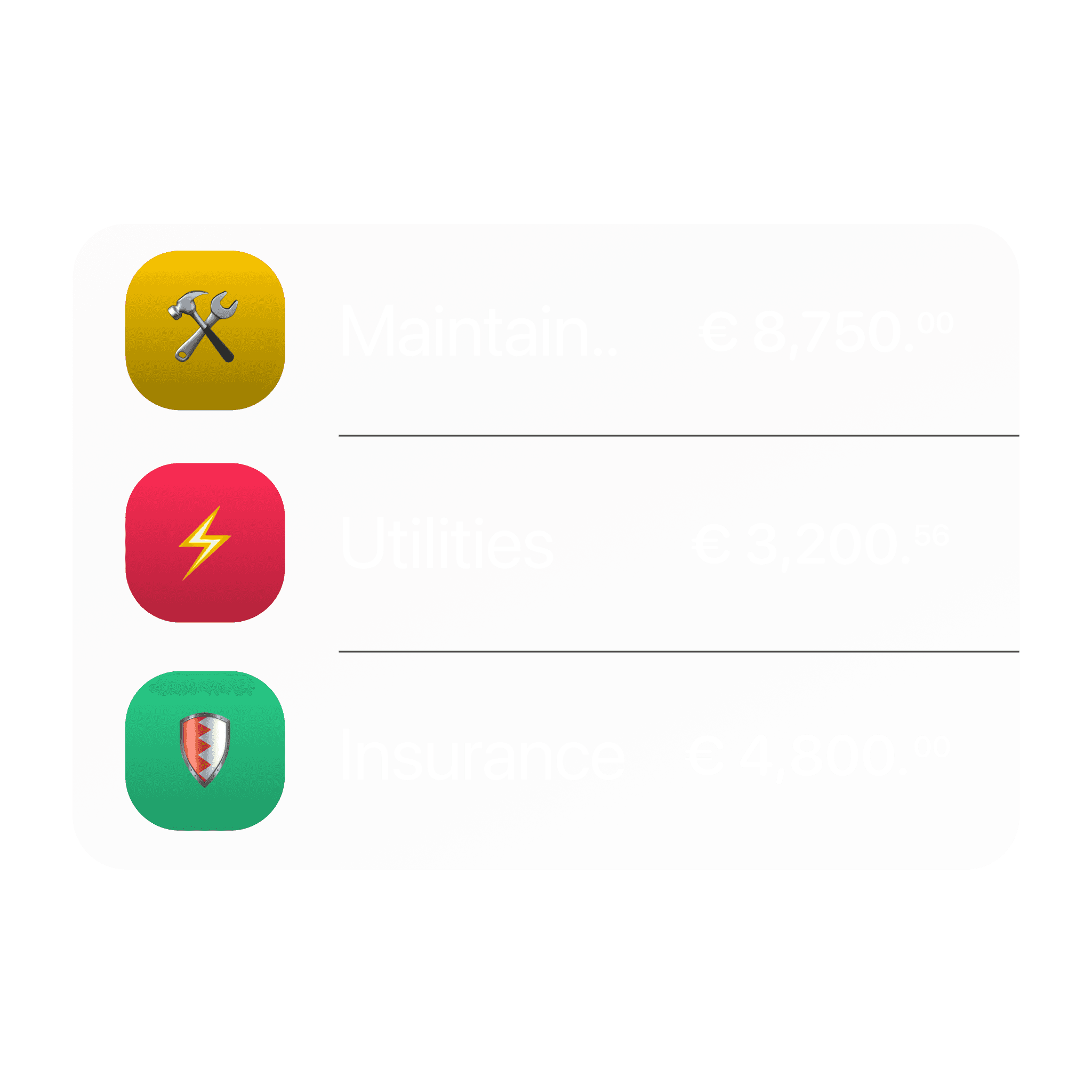 Color-coded category cards showing spending and saving labels with euro balances.