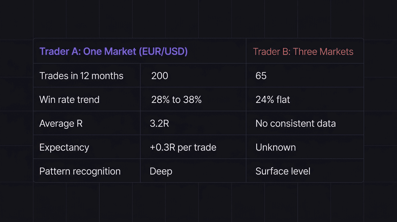 Comparison table showing Trader A committed to one market versus Trader B switching every 8 weeks over 12 months