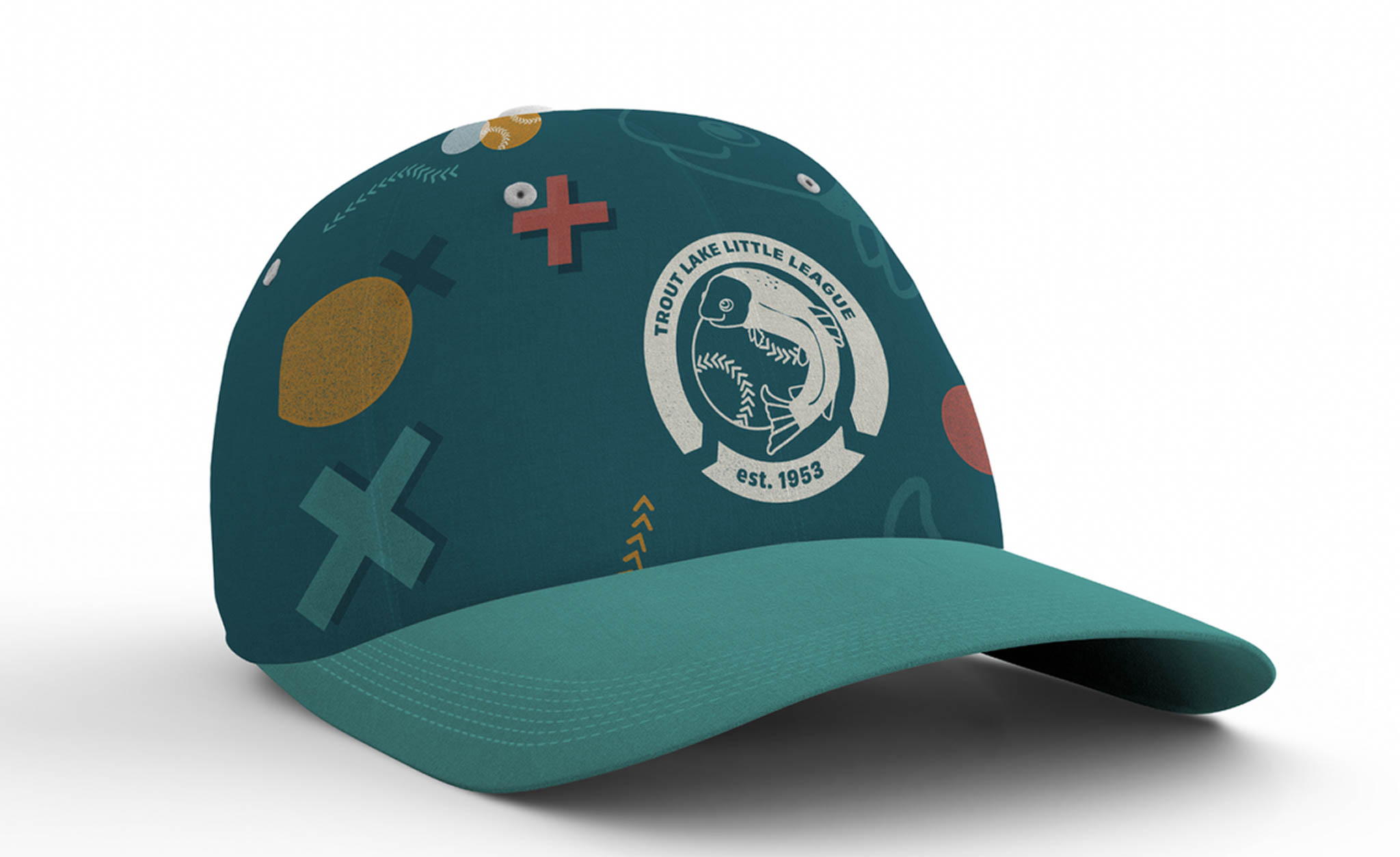 A turquoise baseball cap with the logo in cream. Orange, turquoise, and red graphics are placed around the hat.