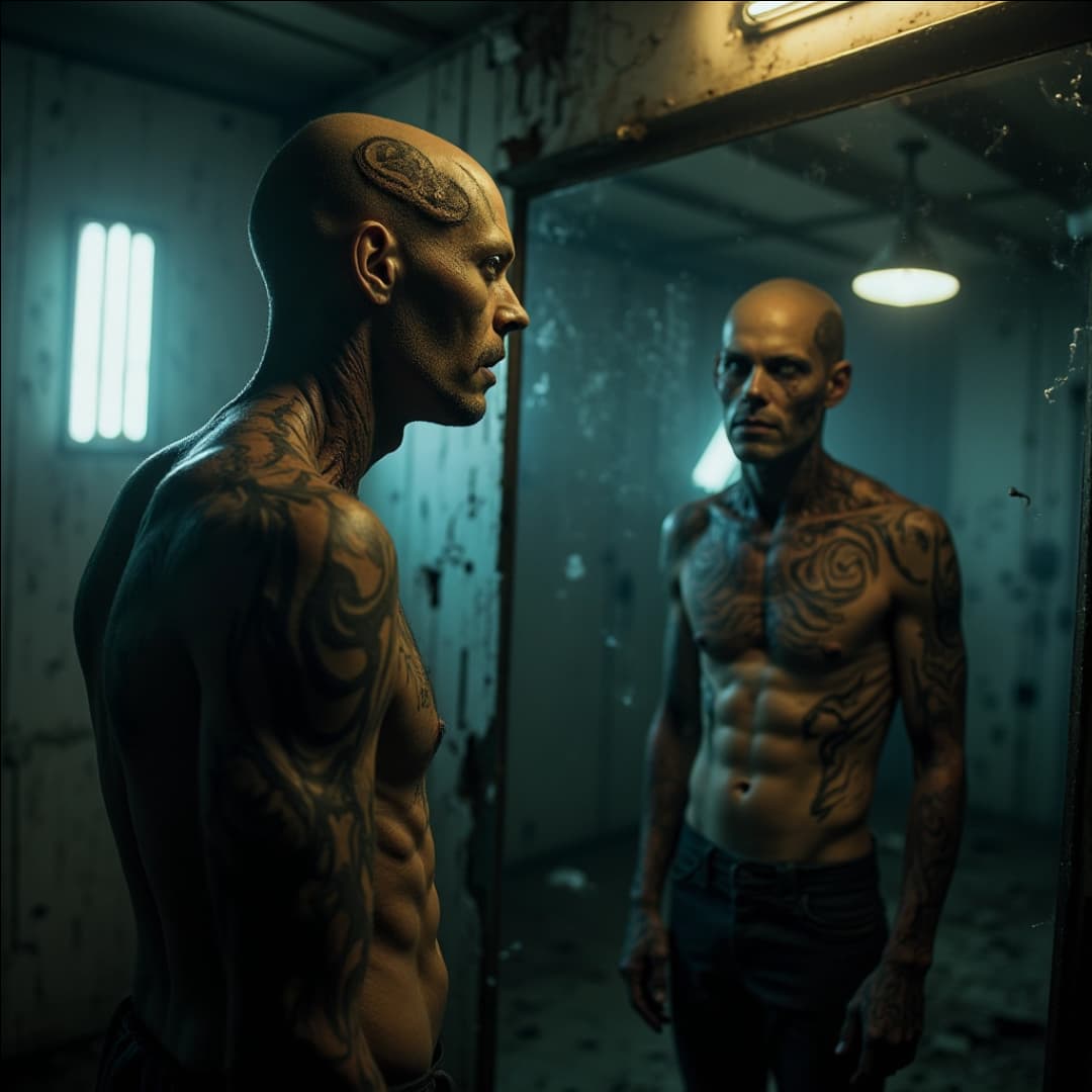 ein tätowierter Mann schaut sich selbst in einem Spiegel an, er steht in einem dunklen Raum