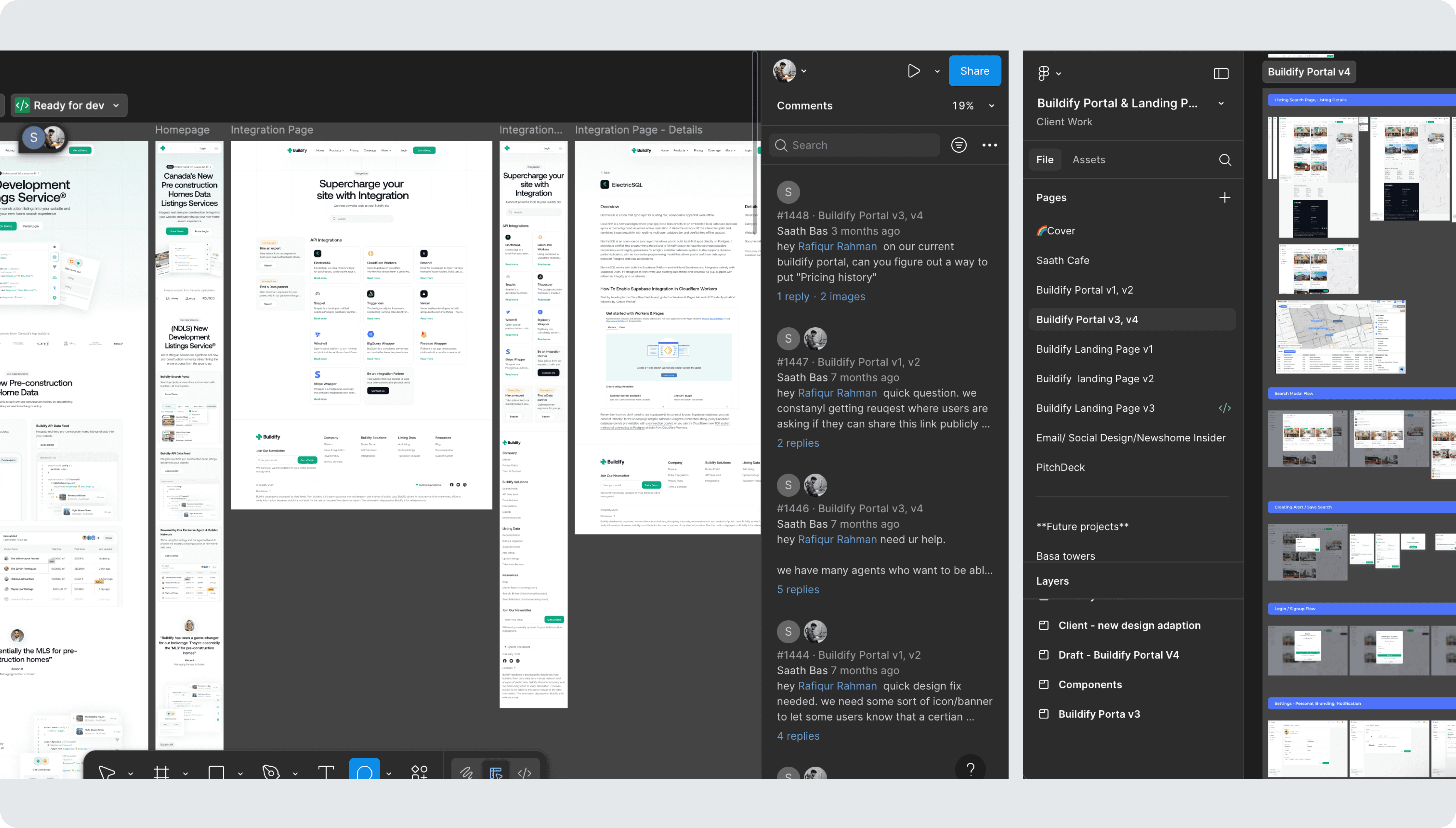 Figma workspace view displaying multiple product screens, design iterations, version history, and real-time team collaboration for a real estate SaaS platform.
