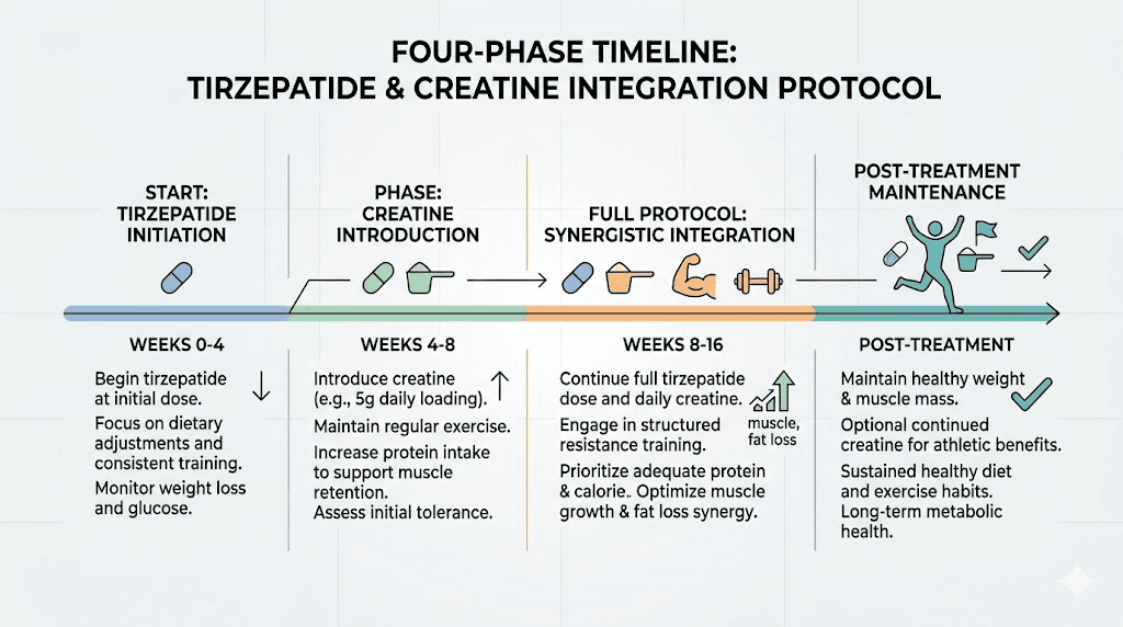 Complete creatine and tirzepatide protocol timeline from start to maintenance