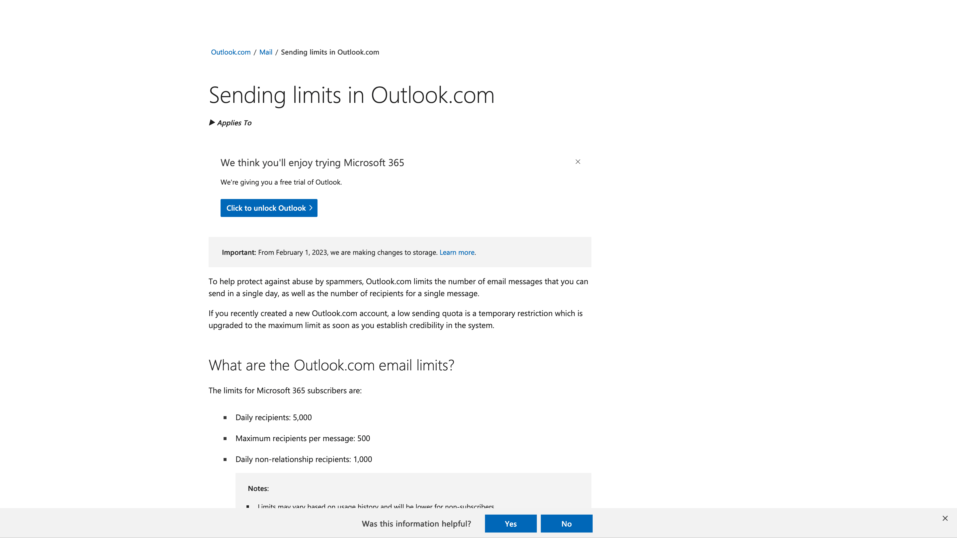 Outlook.com consumer email sending limits help page showing 5,000 daily quota for subscribers