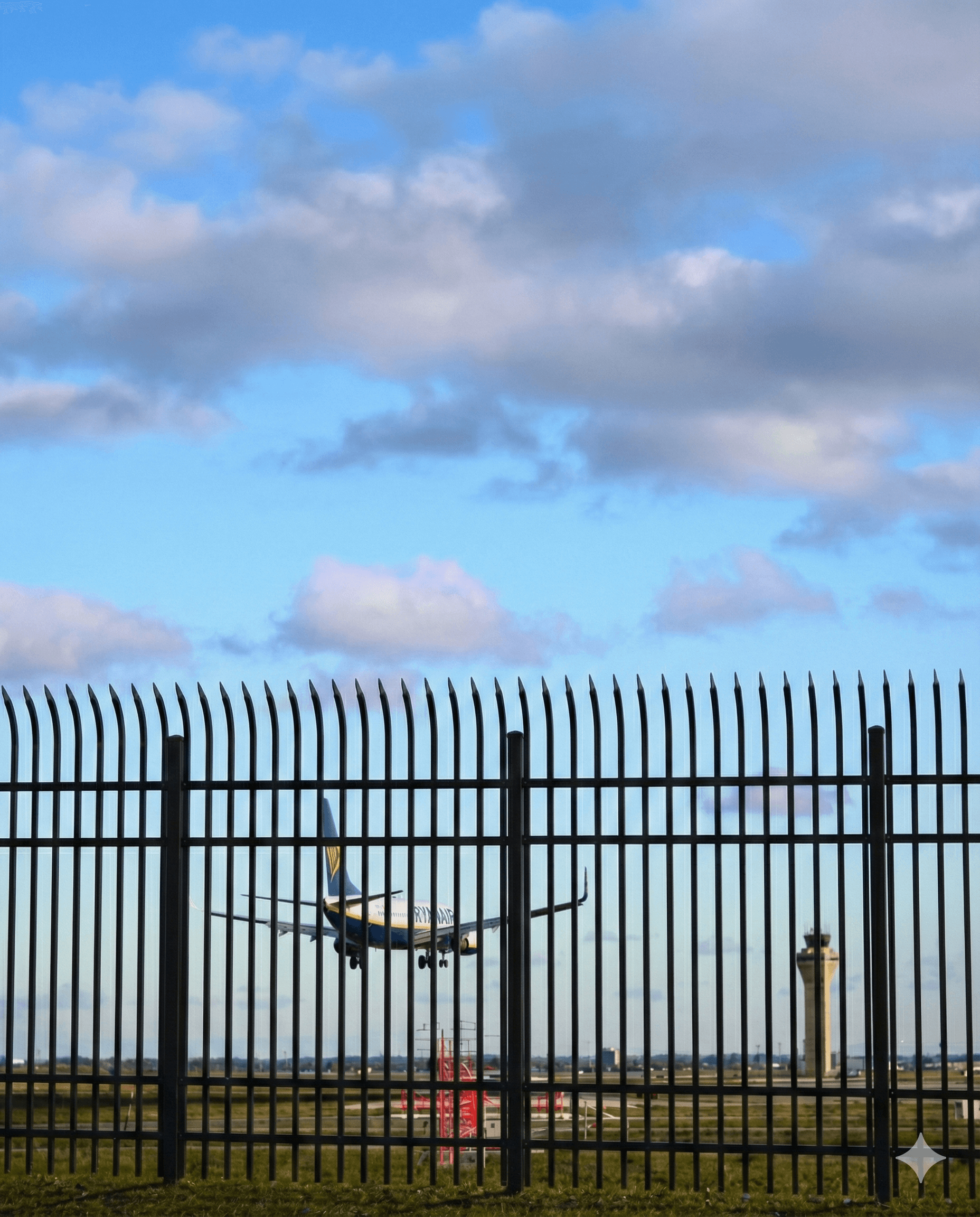 Industrial Defender security fence with angled spears protecting a commercial facility.