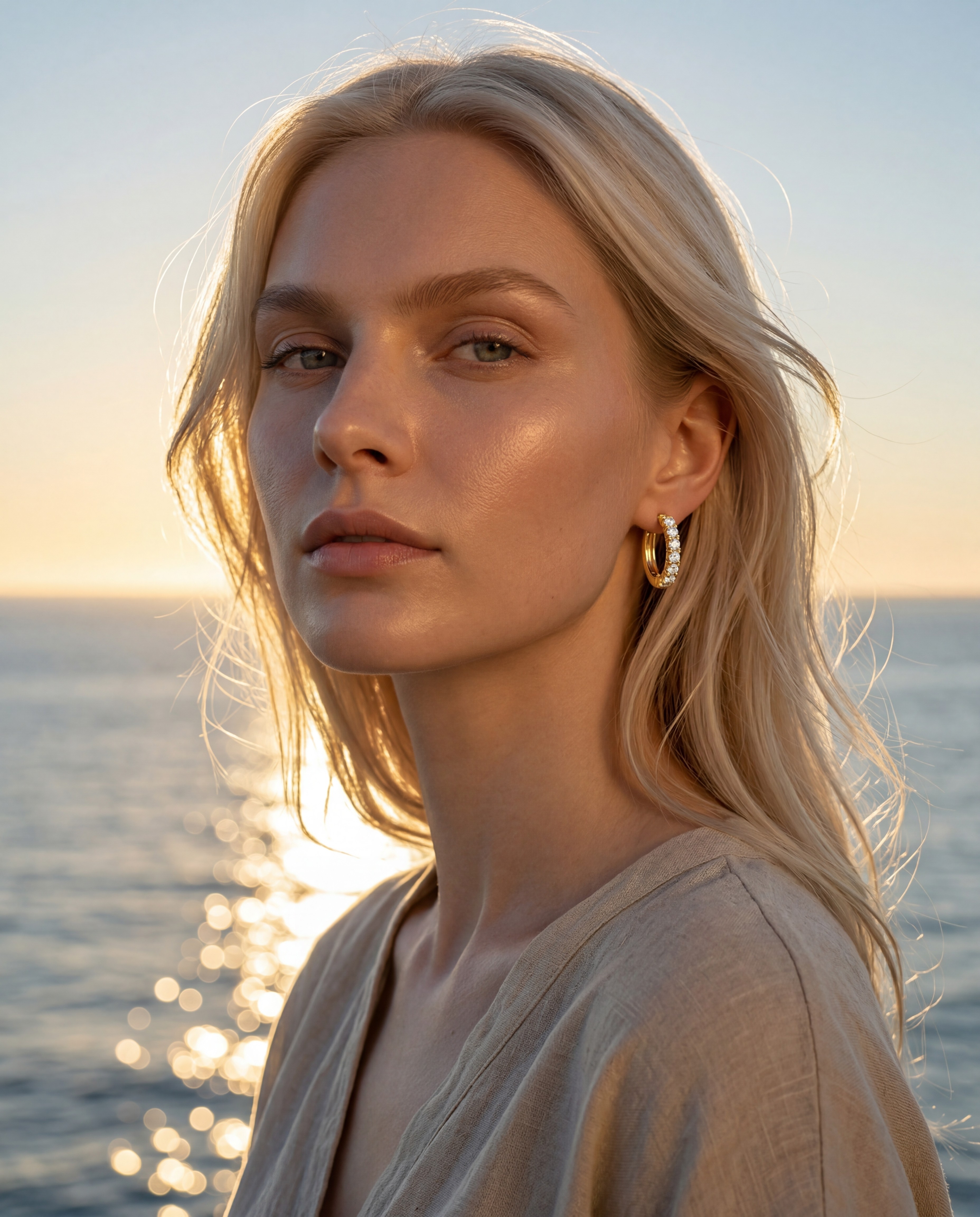 Sofia Müller AI model wearing gold huggie hoop earring, golden hour coastal campaign, warm editorial light, Gemzy AI jewelry studio