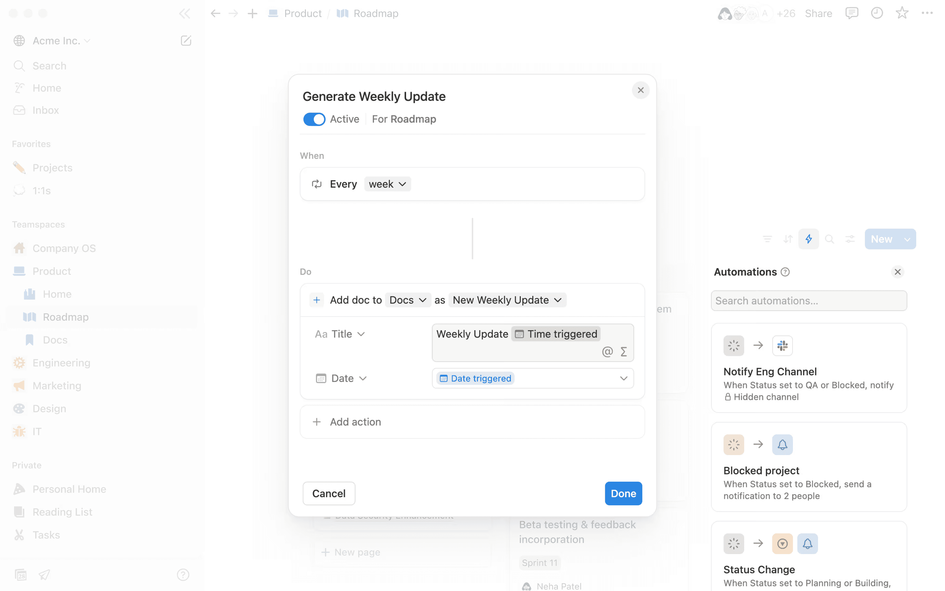 The screenshot displays a Notion interface with a pop-up for scheduling a weekly update, showing options for setting triggers and automations.