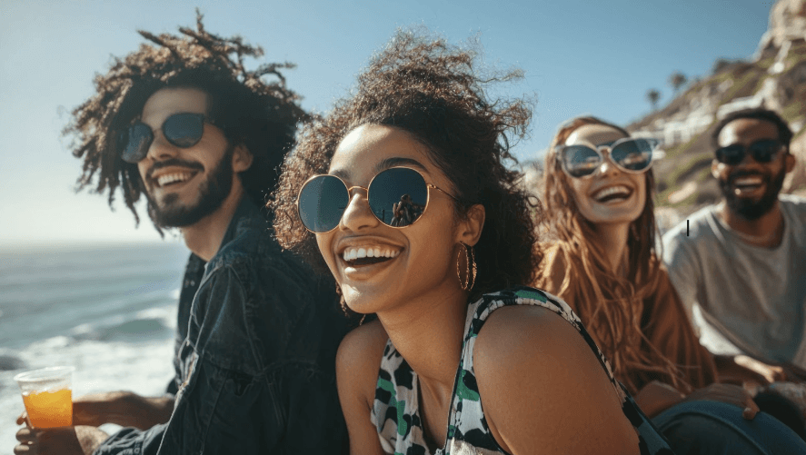 Groep vrienden die glimlachen op het strand op een zonnige dag.