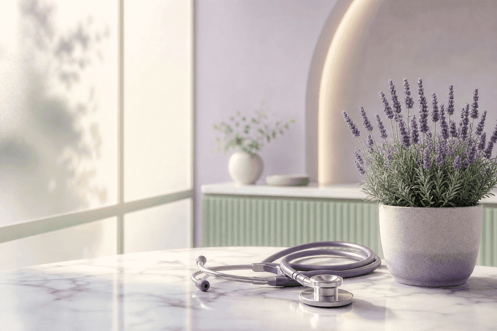 A tranquil, softly lit medical office scene with a minimalist arrangement: a stethoscope resting beside a blooming lavender plant on a smooth, white marble surface. In the background, gentle sunlight filters through frosted glass windows, casting soft shadows. The color palette features calming pastel tones—lavender, sage green, and white—with subtle gradient effects, conveying a serene and holistic atmosphere. No text, characters, or humans present.