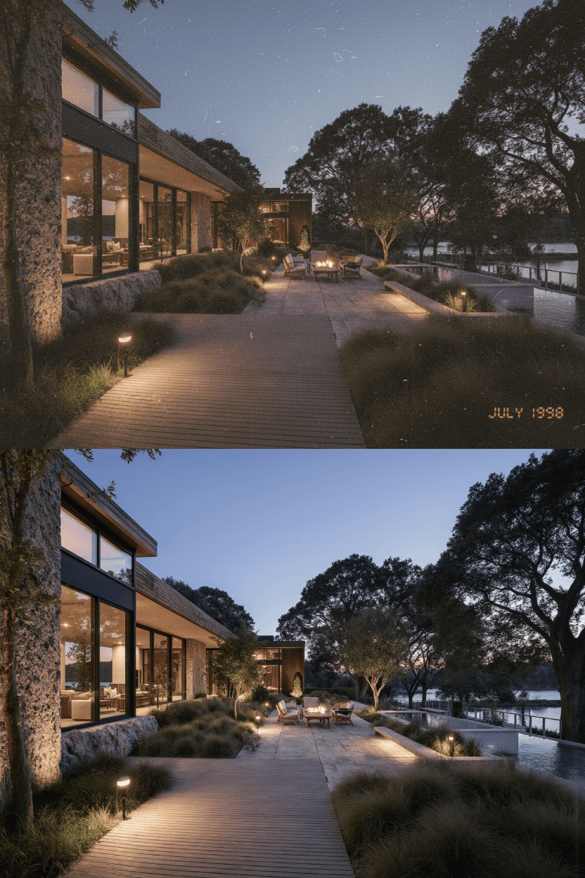 A modern home at dusk with warm interior lighting, stone pathways, and mature oaks framing the landscape.