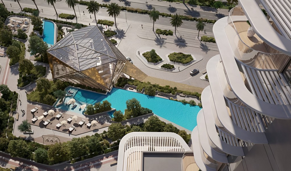 Portside Square features a tall building with prominent balconies on its upper levels.