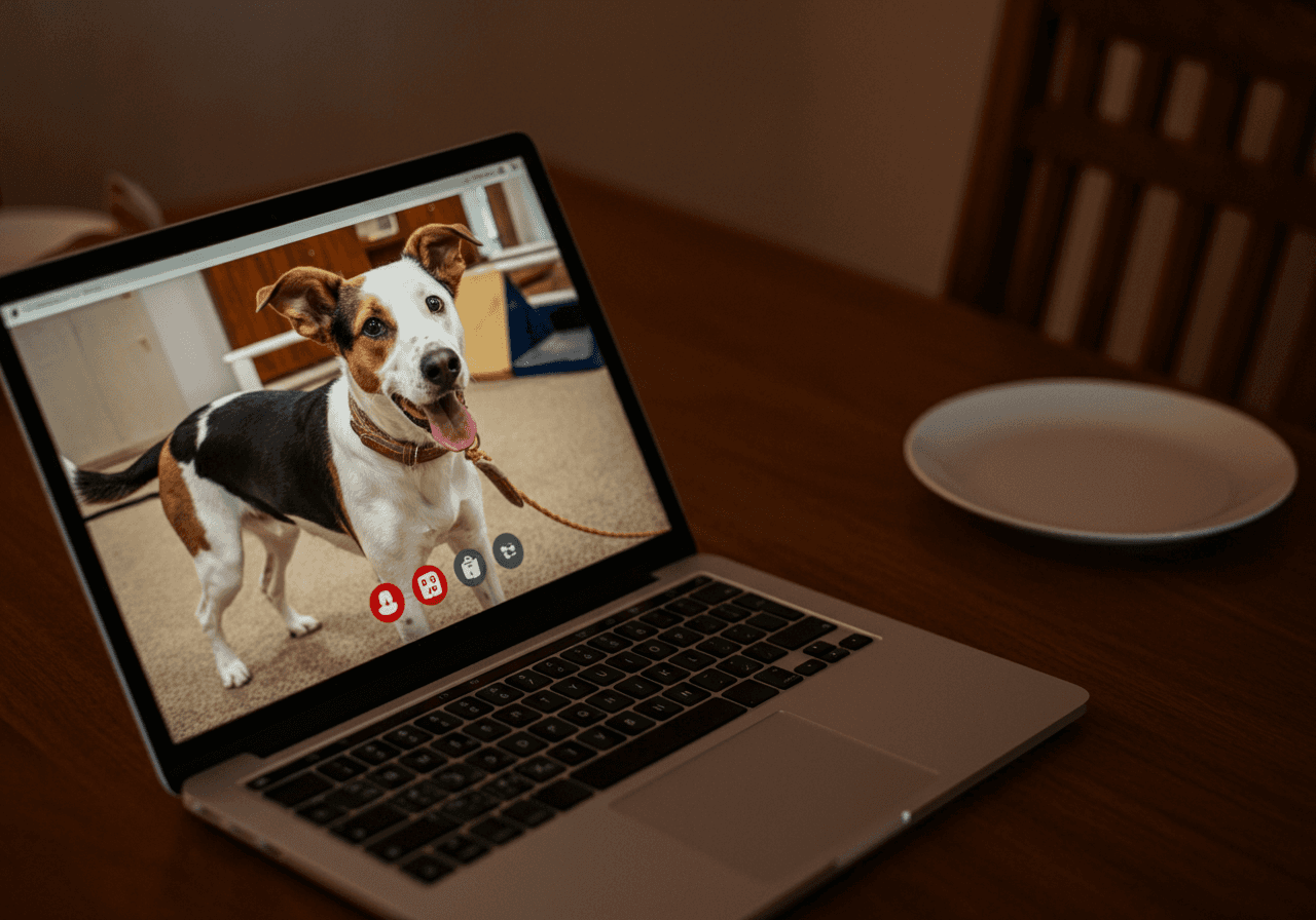 A laptop screen showing it is on a video call whilst training a dog.