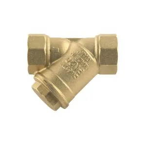 Brass Y-strainer inline filter used in a heat pump heating system to catch debris and protect circulation — common type of heat pump system filter in UK homes.