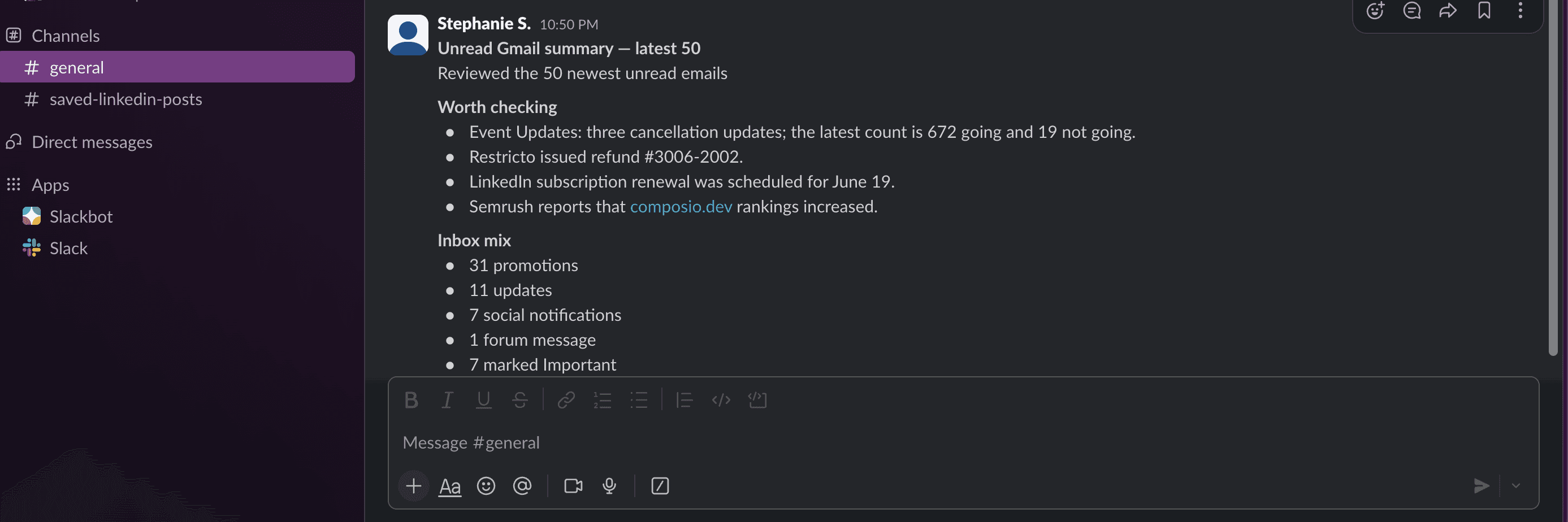 Composio Connect result: Slack message