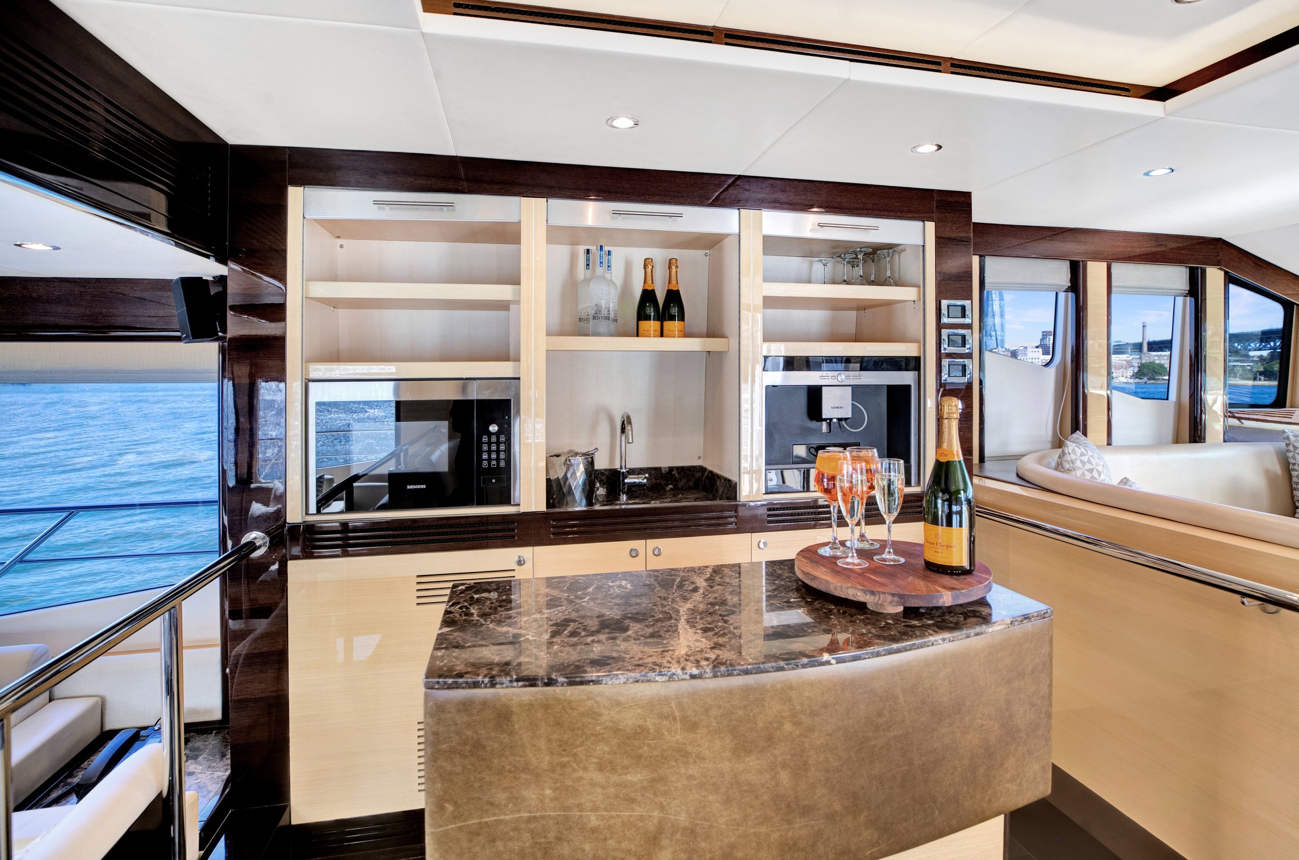 Empress yacht: Galley, bar counter timber cabinetry detail