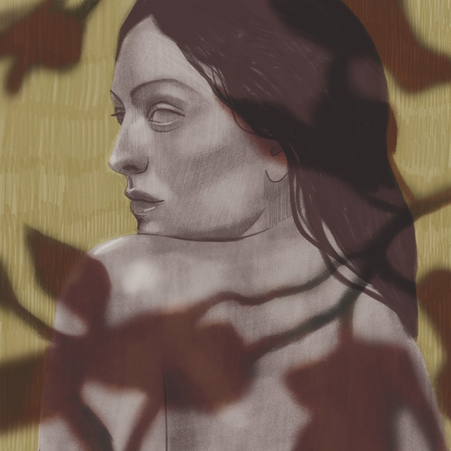 Woman looking over her shoulder in soft grey tones, overlaid with dark leaf shadows on olive green — "Illustration 05" by Katarzyna Księżopolska