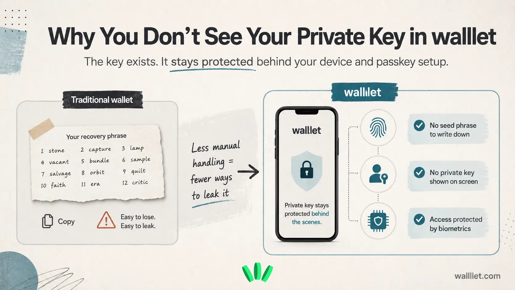 Explainer showing why walllet does not show your private key and protects access with passkeys and biometrics.
