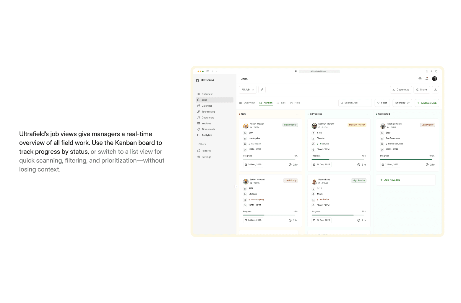 UltraField job management dashboard with Kanban board showing real-time task progress and workflow tracking
