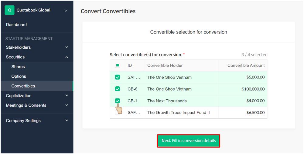 Select Next: Fill in conversion details to input details of the conversion.
