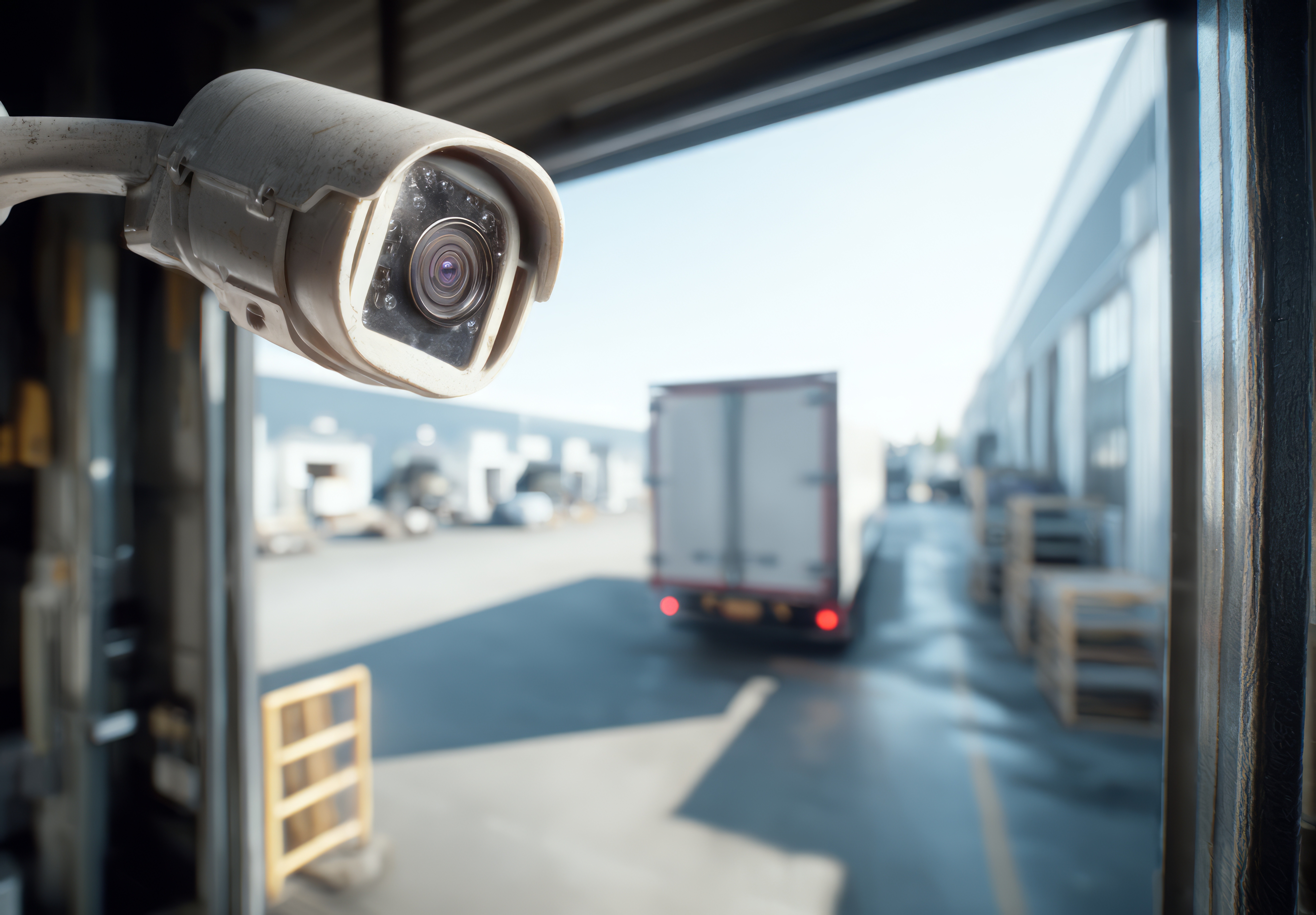 Security camera monitoring an unmarked shipping truck at a secure fulfillment center for confidential dropshipping.