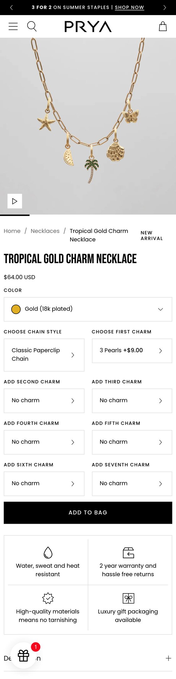 Jewelry product options include: necklace, pendant, chain for Gold Charm Necklace | Personalised Pendant Chain from PRYA.