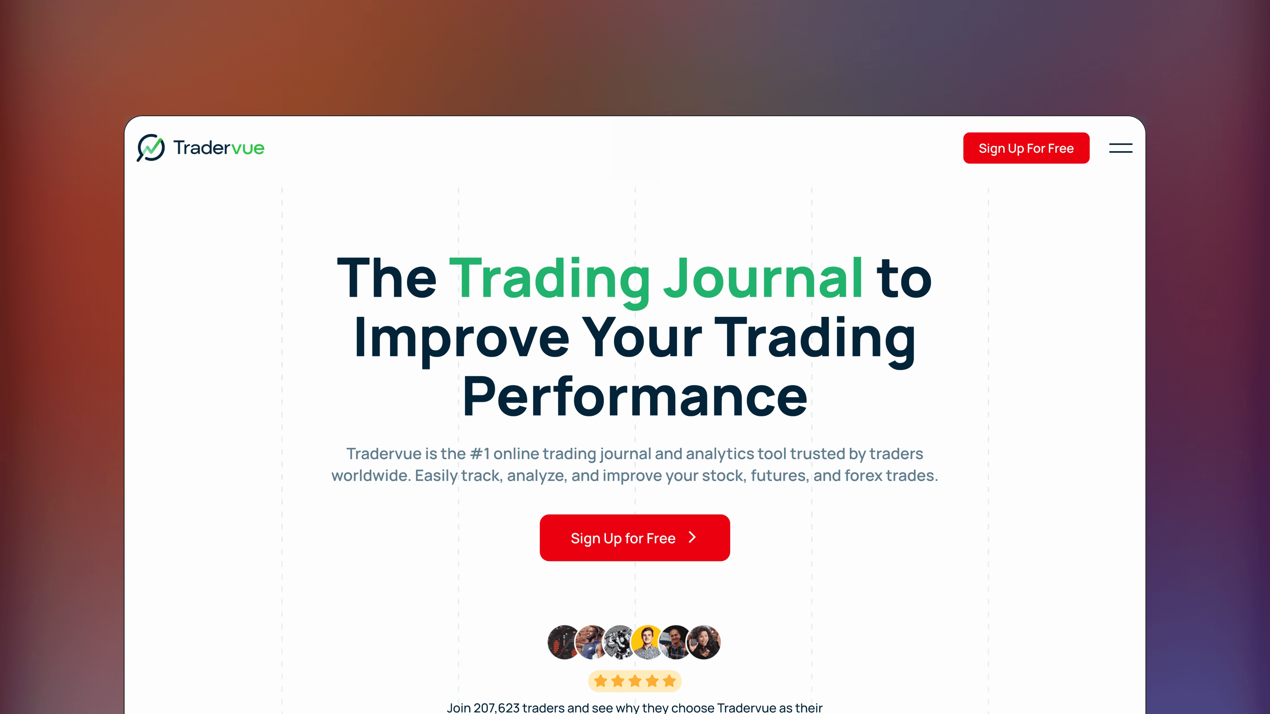 Website preview of Tradervue, trade management tracking platform showing a dashboard of performance statistics and trade logs.