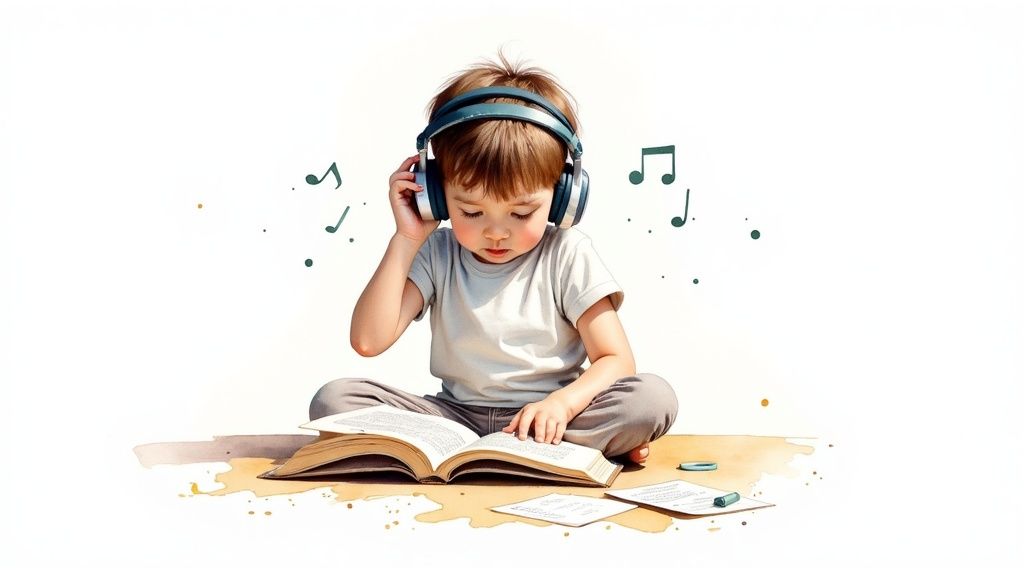 A young boy with headphones intently reads a book, surrounded by musical notes and watercolor splashes.