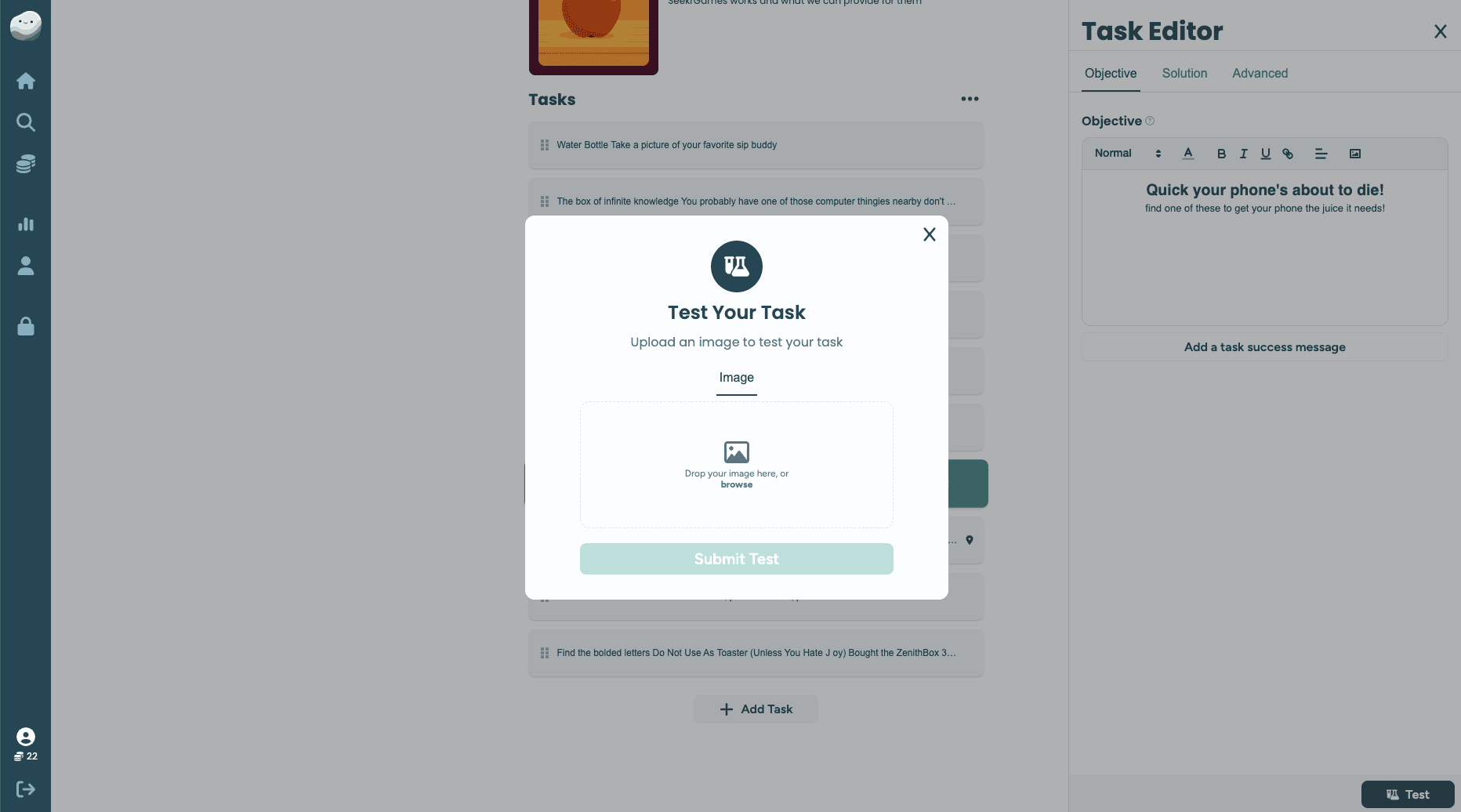 seekr games test task modal for custom scavenger hunt