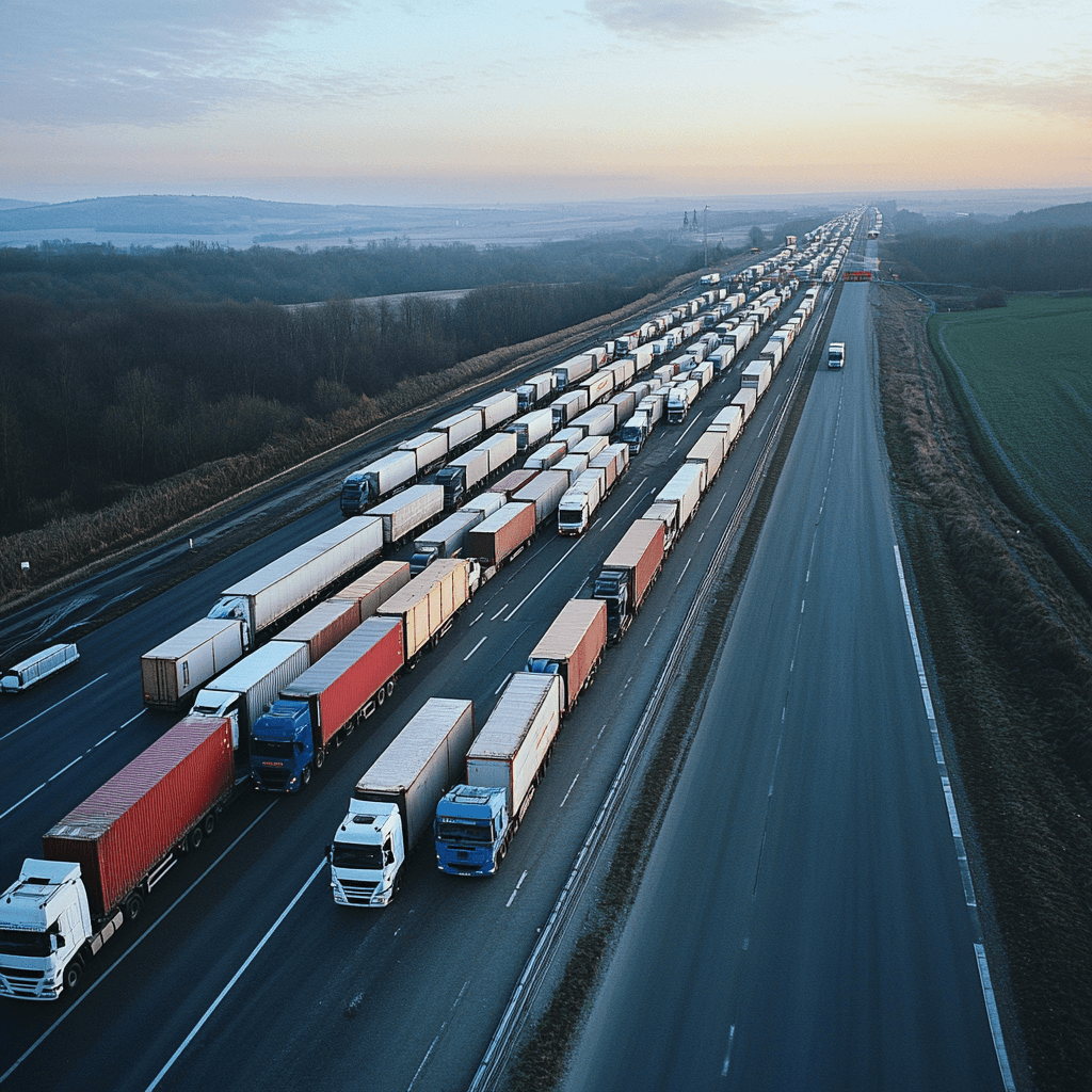 A line of trucks waiting at a border crossing, symbolizing logistical delays in Bulgaria. 