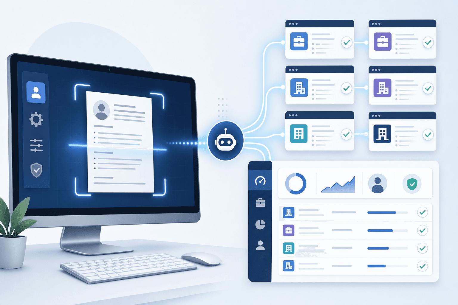 A clean, modern illustration showing an automated job application workflow. Display a computer screen with a resume document being scanned, connected by flowing lines to multiple job board interfaces in the background. Include visual elements like checkmarks, profile settings icons, and a dashboard interface showing application tracking. Use a professional color palette with blues and grays. The style should be minimalist and tech-focused, conveying automation and efficiency without any text or words.