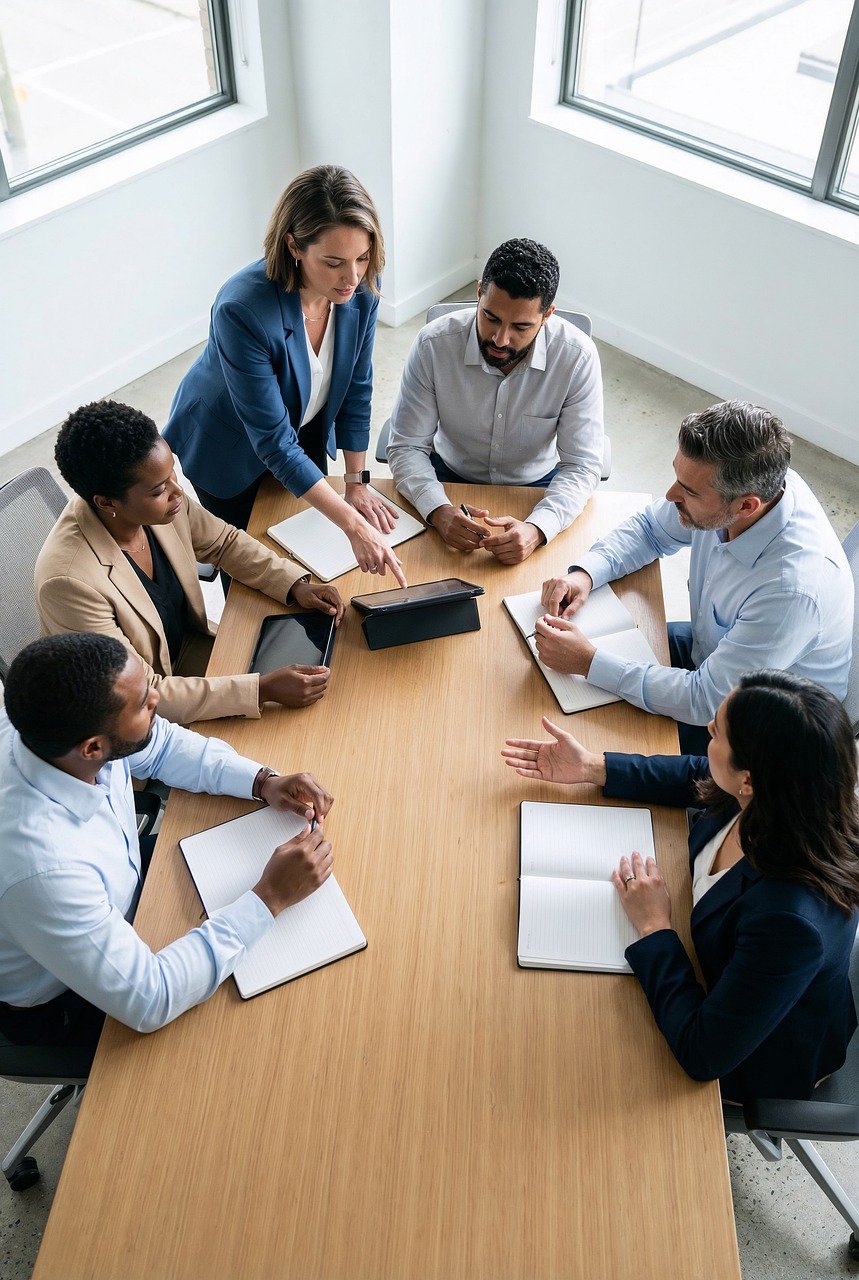A group of diverse people are gathered around a table, engaged in discussion and collaboration.