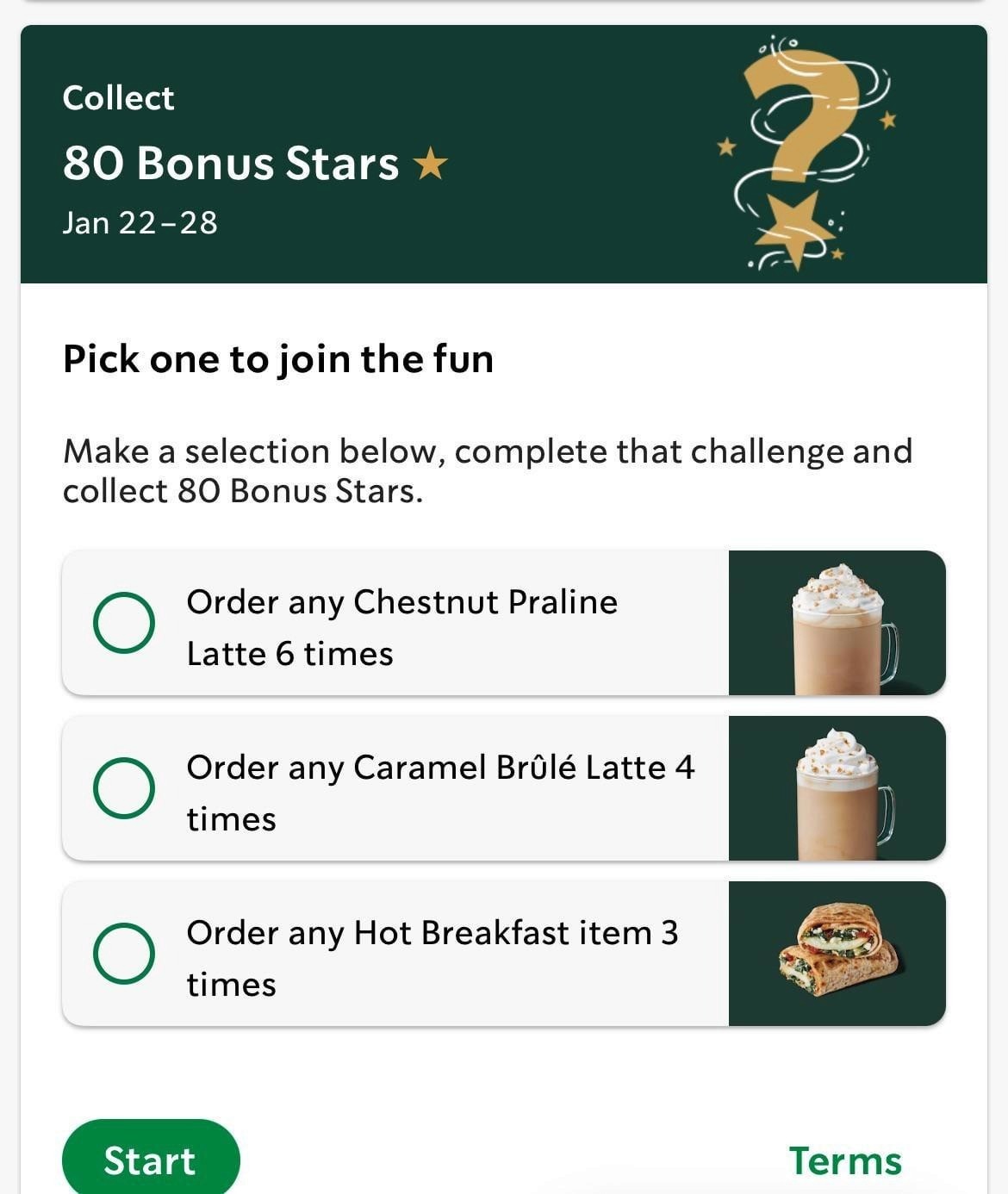 Starbucks Rewards app screen offering 80 bonus stars for completing a purchase challenge