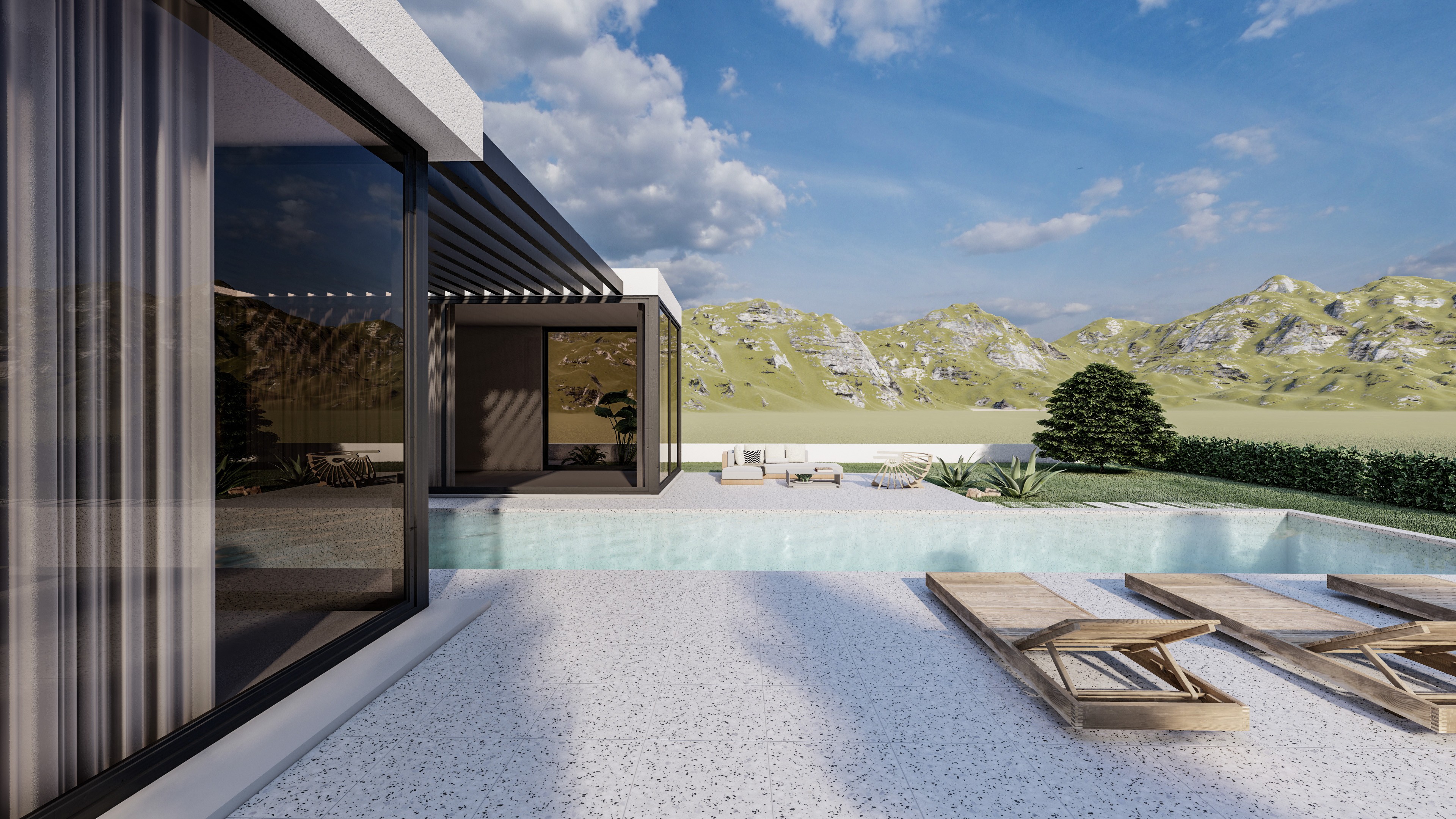 topos design studio - Luxury pool terrace with natural timber sun loungers and Zen-inspired landscaping, Nicosia, Cyprus