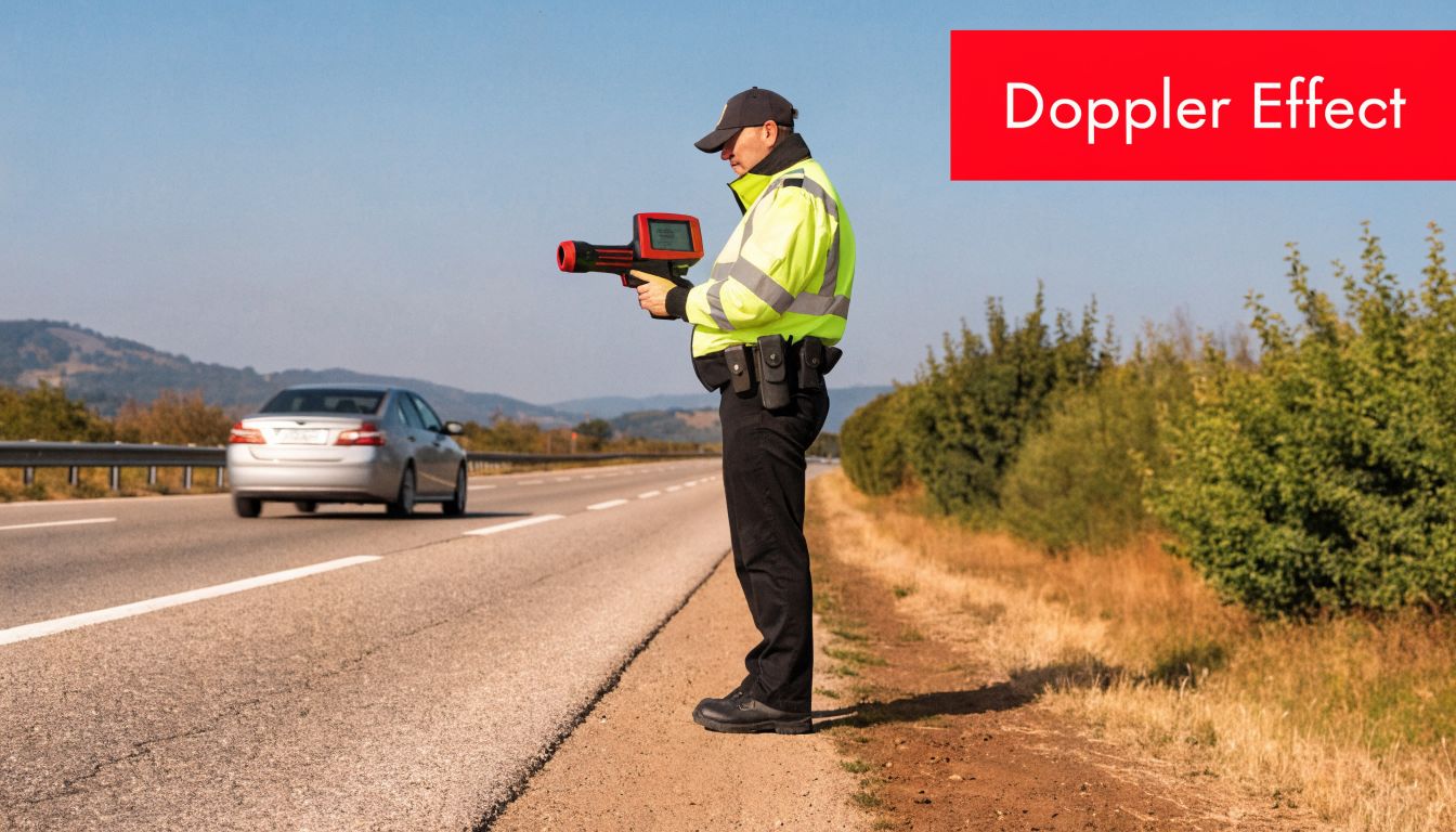 A police officer using a radar speed gun to monitor the speed of a passing silver car.