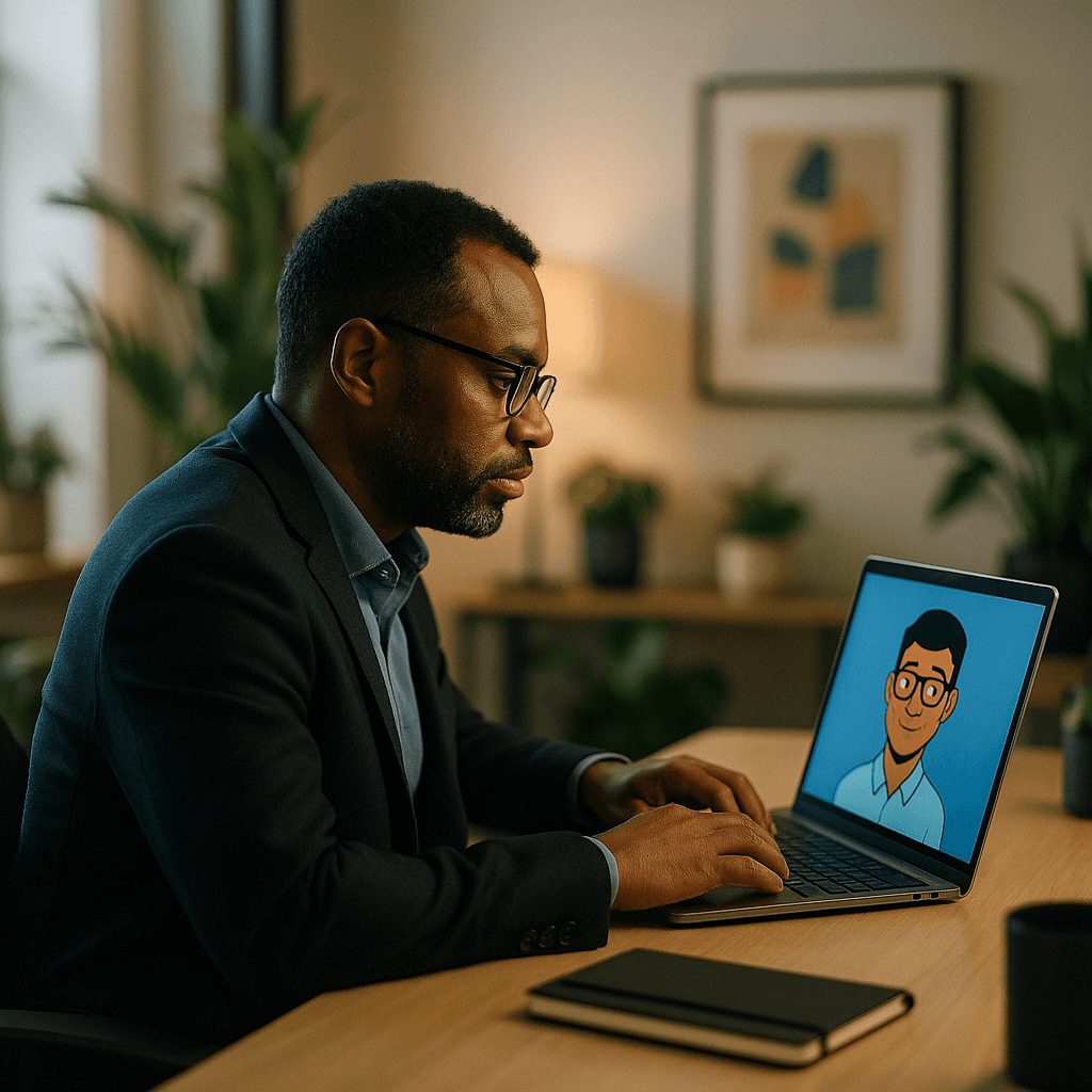 QA manager watching cloned avatar deliver training