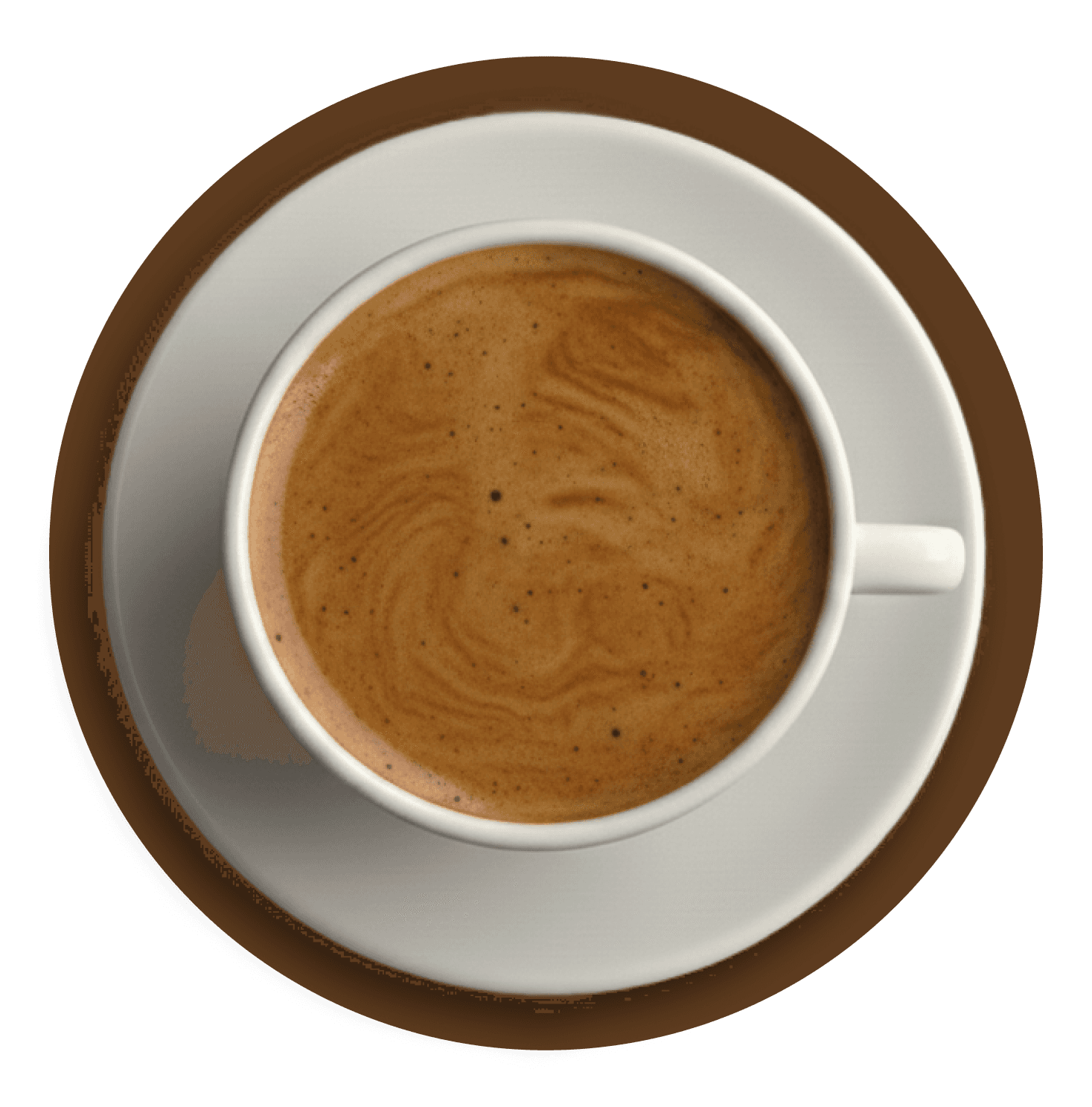 A top view of a ceramic cup filled with rich, creamy espresso, showcasing its smooth, swirled crema on a white saucer against a dark brown background.
