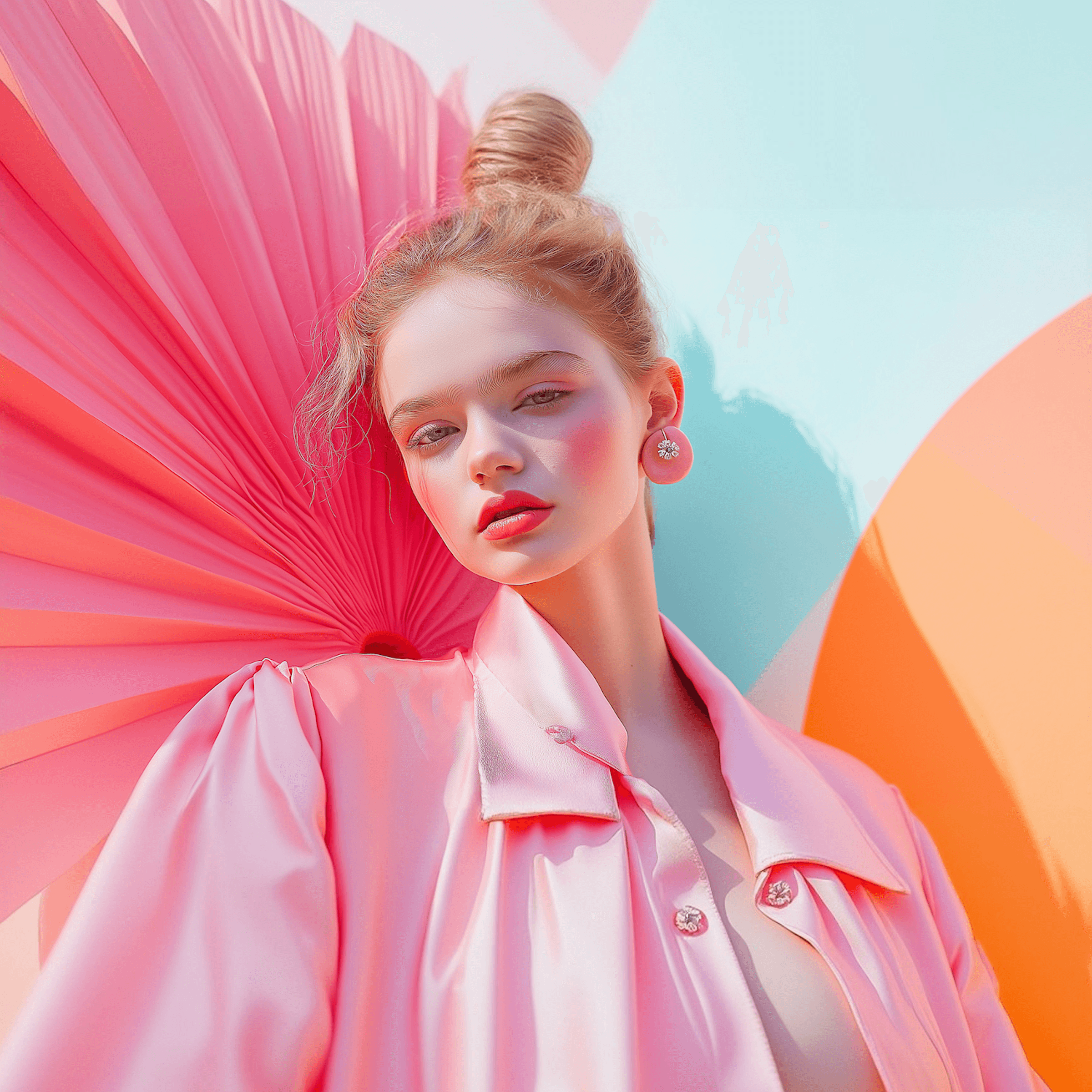 Model with a pink floral backdrop, wearing a pink jacket and a stylish bun. The scene features vibrant pastel colors.