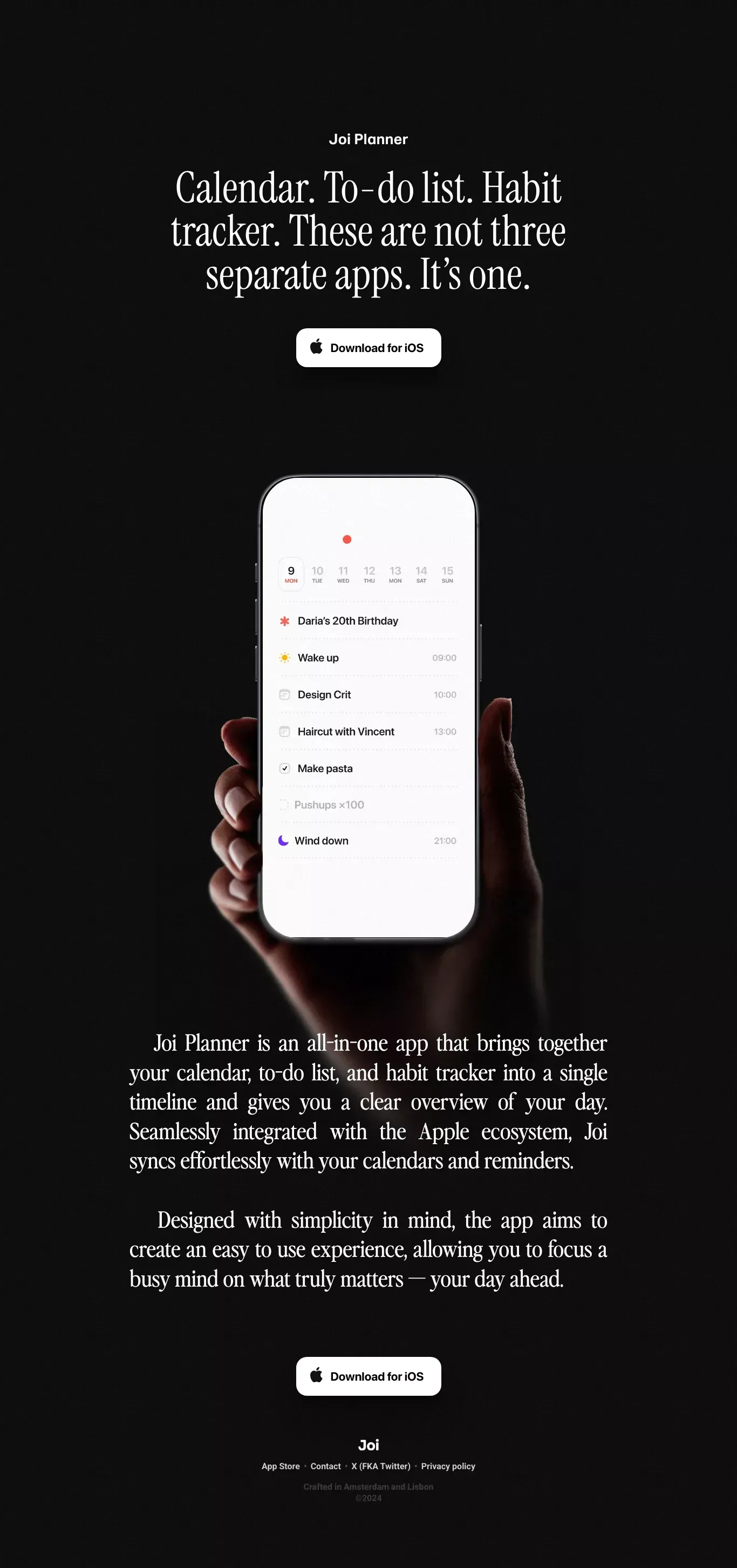 Joi Planner landing page screenshot showcasing Health & Fitness and Tech design