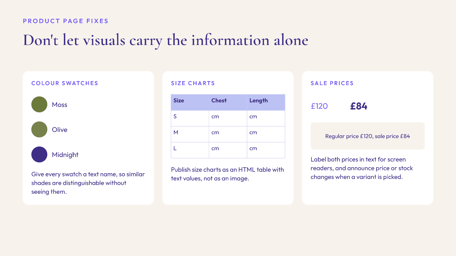 Three accessible product page fixes: colour swatches with text names, a size chart as an HTML table, and sale prices labelled in text.