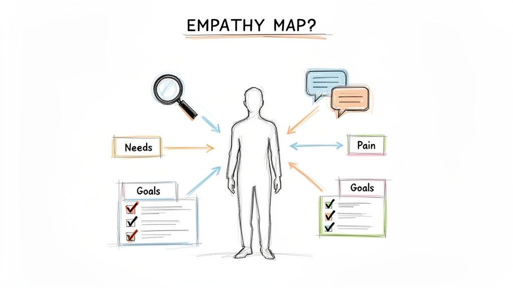 An empathy map diagram illustrating user needs, pains, and goals for UX design.