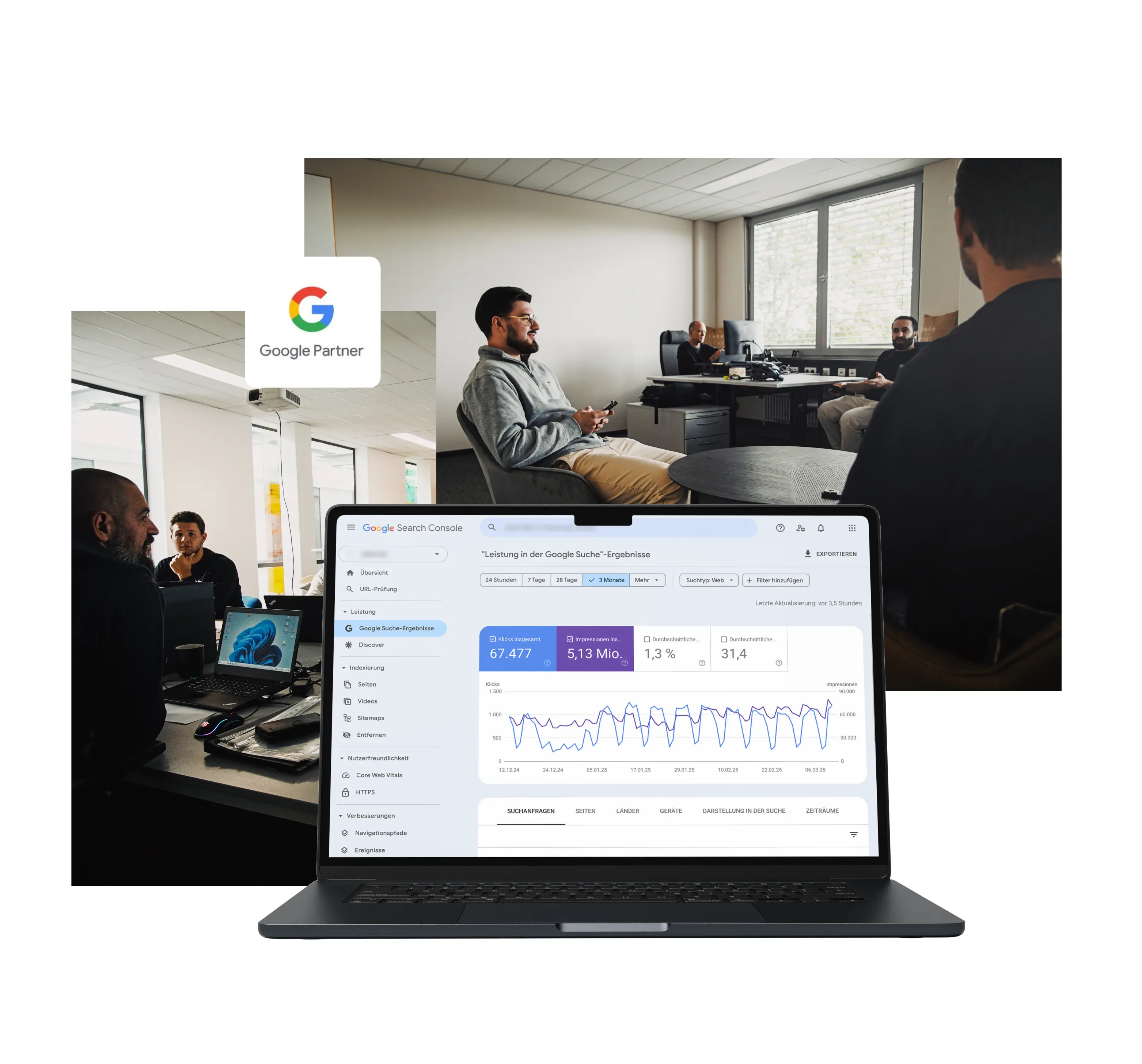 2 Bilder die das Team zeigen, sowie ein Laptop, der die Google Search Console anzeigt und das Google Logo
