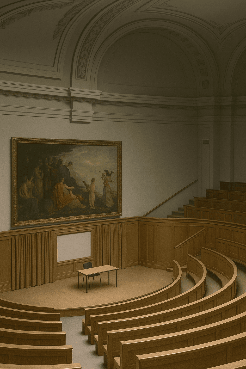Empty historic lecture hall with curved wooden seating and a classical painting on the wall