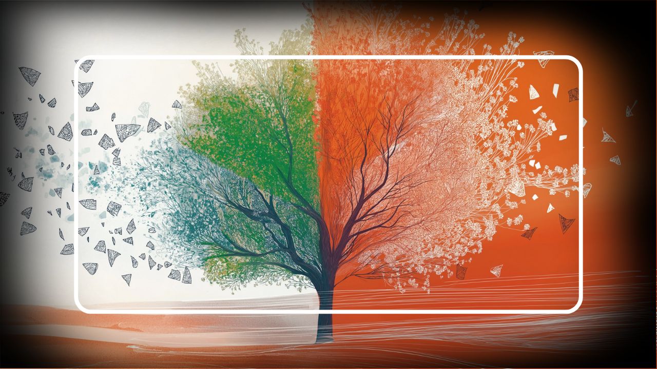 Artistic tree split into green and orange halves with leaves scattering outward