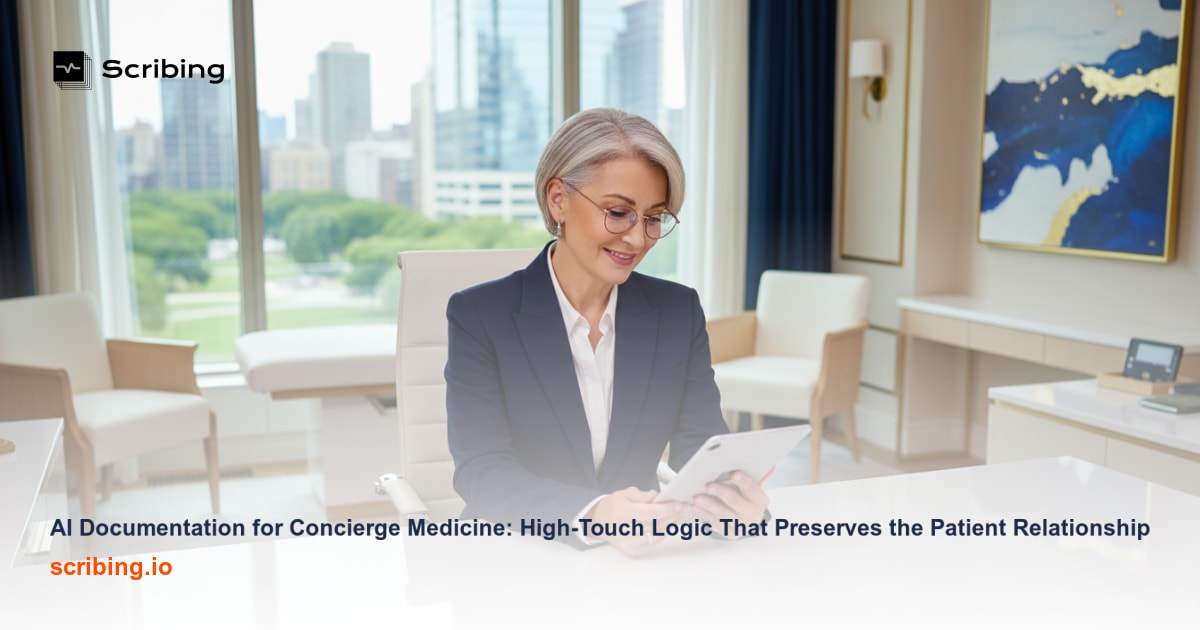 Concierge physician engaged in an unhurried patient conversation in a modern office setting, representing AI-powered documentation that preserves the high-touch care experience