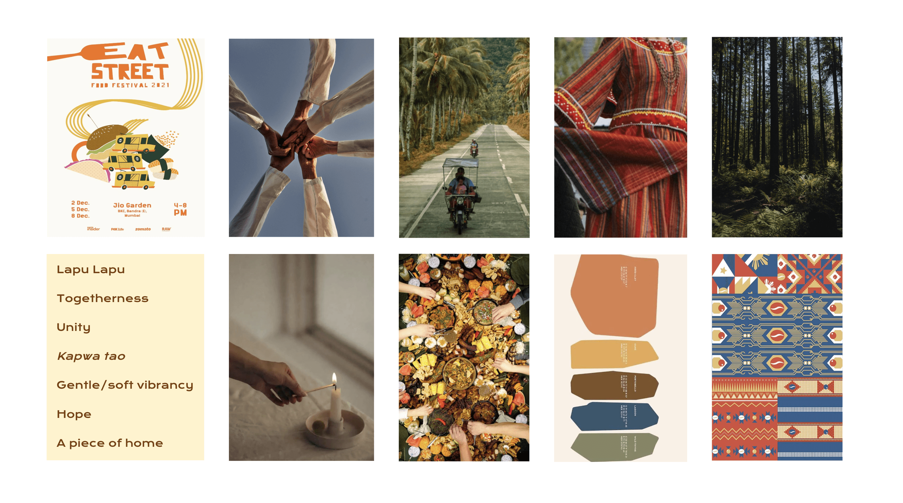 A moodboard with images of hands, warm colours, and forests.